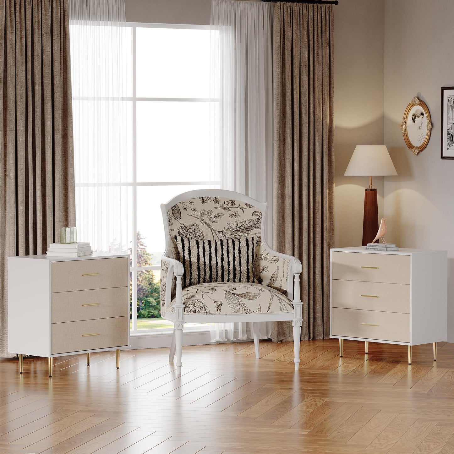 Garvee White Dresser, Modern 3 Drawer Dresser for Bedroom with Gold Handle and Legs, Wooden Nightstand with Linen-Textured Surface, Narrow Accent Cabinet End Table for Living Room, Hallway, Entryway