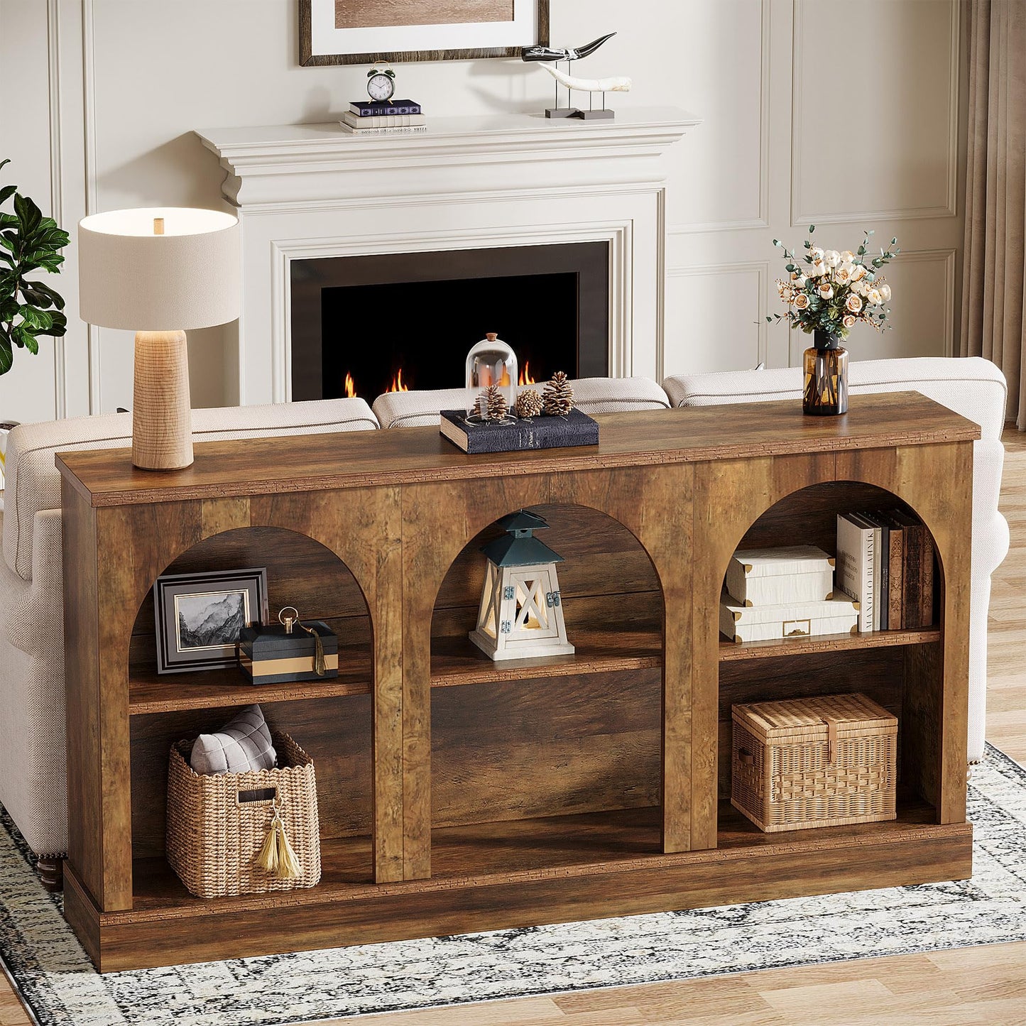 Tribesigns Farmhouse Console Table, 63-Inch Long Entryway Table with 3 Tier Storage, Wooden Rectangular Sofa Table Behind The Couch for Entrance, Hallway, Living Room, Brown
