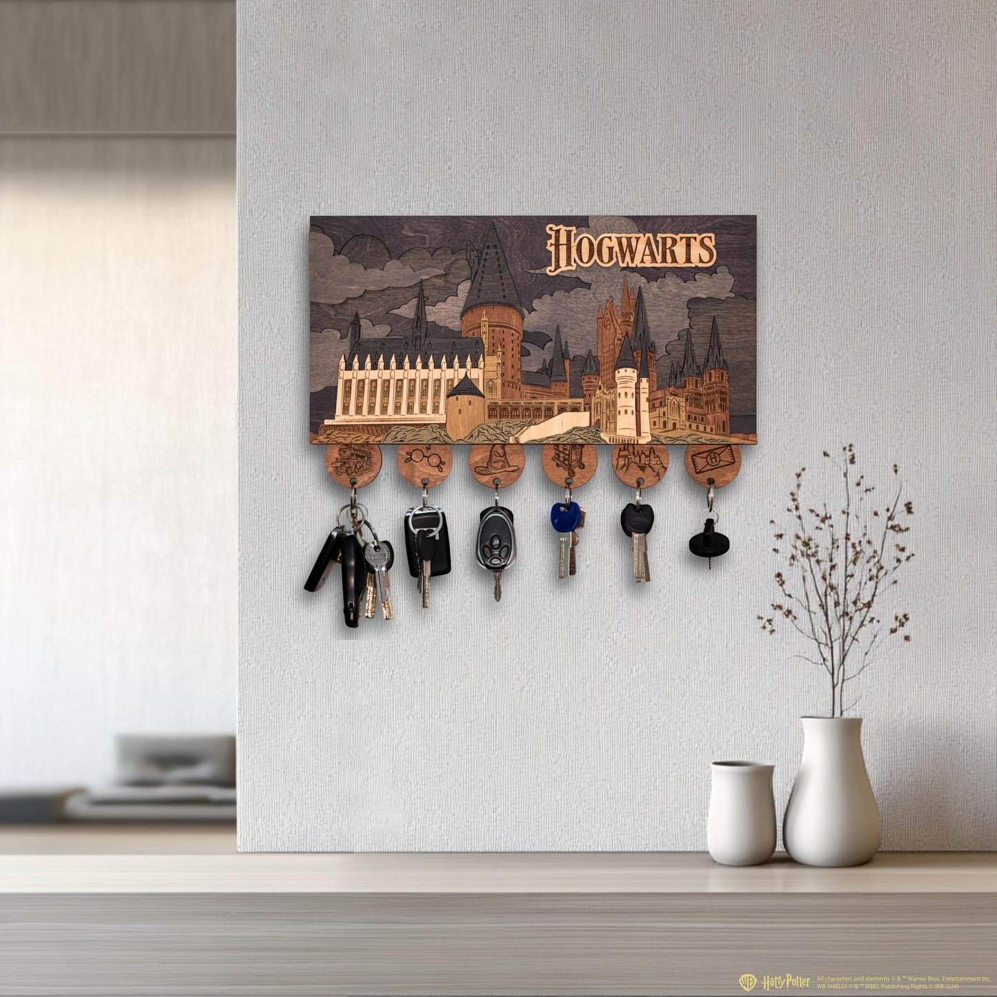 ZE WOOD Hogwarts Magnetic Key Holder - Harry Potter 3D Key Holder with Magnetic Keychains - Unique Collectible Wooden, Home Decor for Harry Potter Fans (Night Edition, M, 3 Keychains)