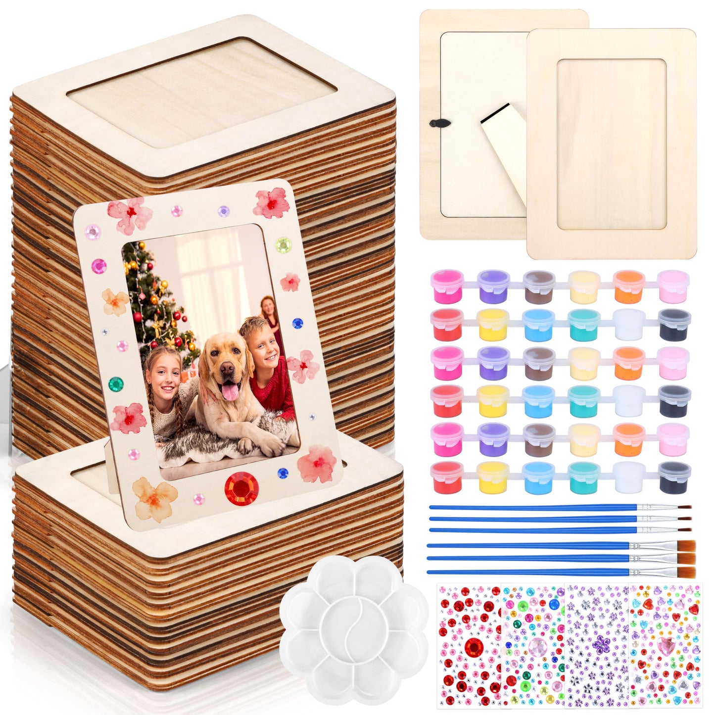 Fovths 30 Pcs Wooden Picture Frames for Crafts, 4 x 6 Inch DIY Wood Frames with Gem Stickers Acrylic Paint Brushes Palette, Unfinished Wood Photo Frame for DIY Painting Arts Projects Decorate