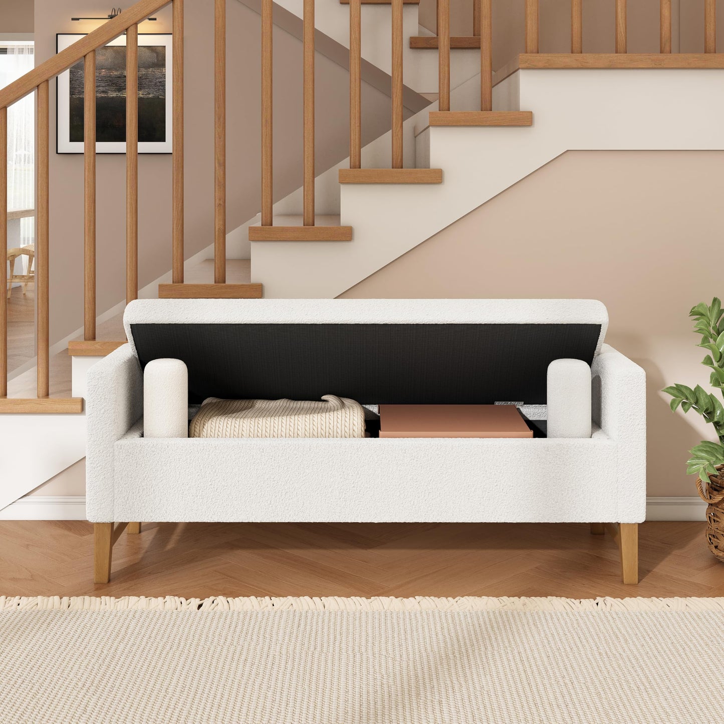 Christopher Knight Home Namo Boucle Upholstered Ottoman with Storage, Wooden Storage Ottoman Bench with Pillows, Long Entryway Ottoman Foot Rest, Bedroom End of Bed Foot Stools Ottoman, Natural+Ivory