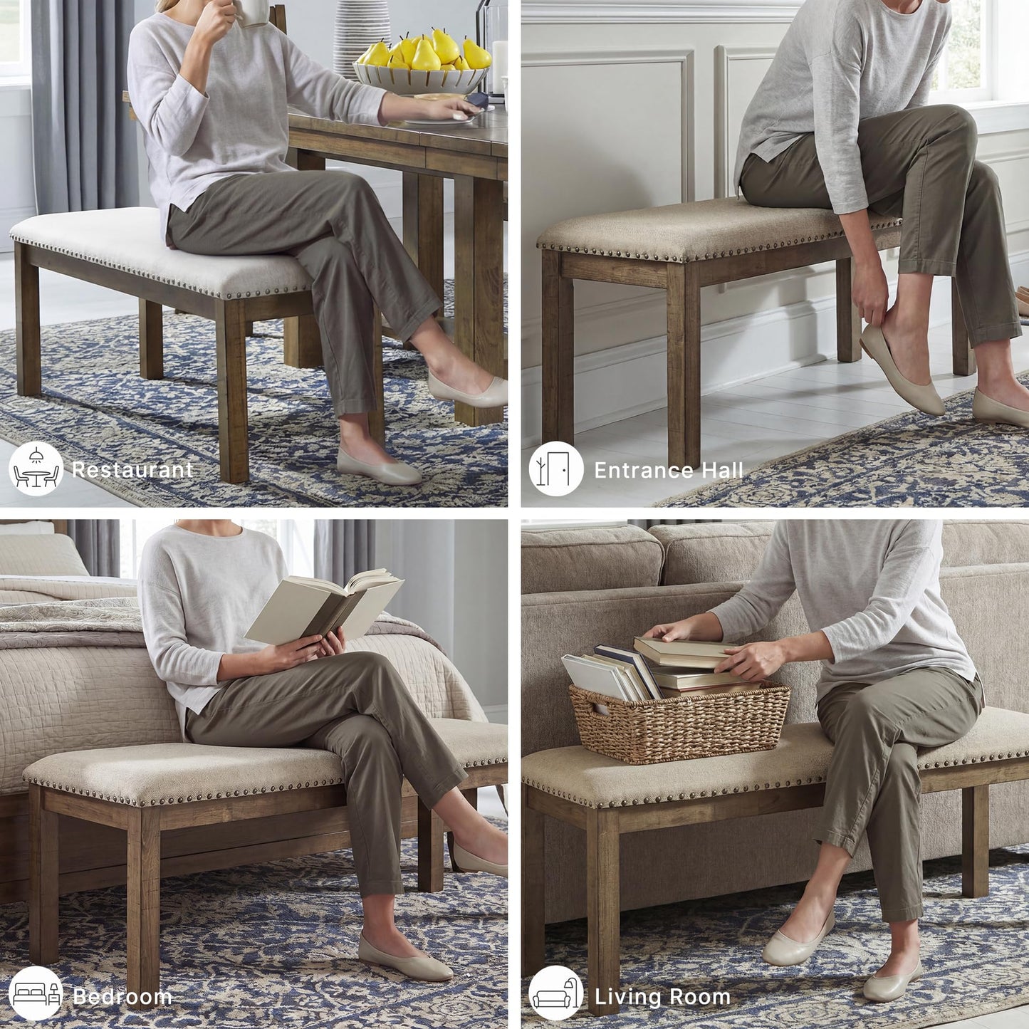 Signature Design by Ashley Moriville Casual Rustic Upholstered Dining Bench, Grey & Brown