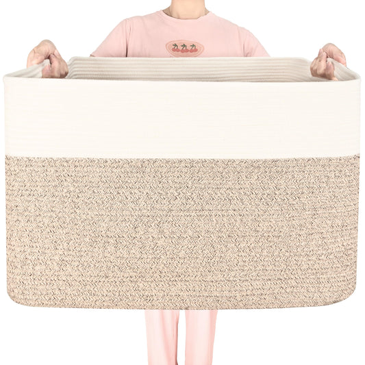 MINTWOOD Design 112L Extra Large Blanket Basket Holder Living Room, 25"x17"x16" Rectangle Rope Woven Storage Basket with Handles for Laundry, Pool Towels, Shoes, Dog Toy Organizer Bin Box, Light Brown