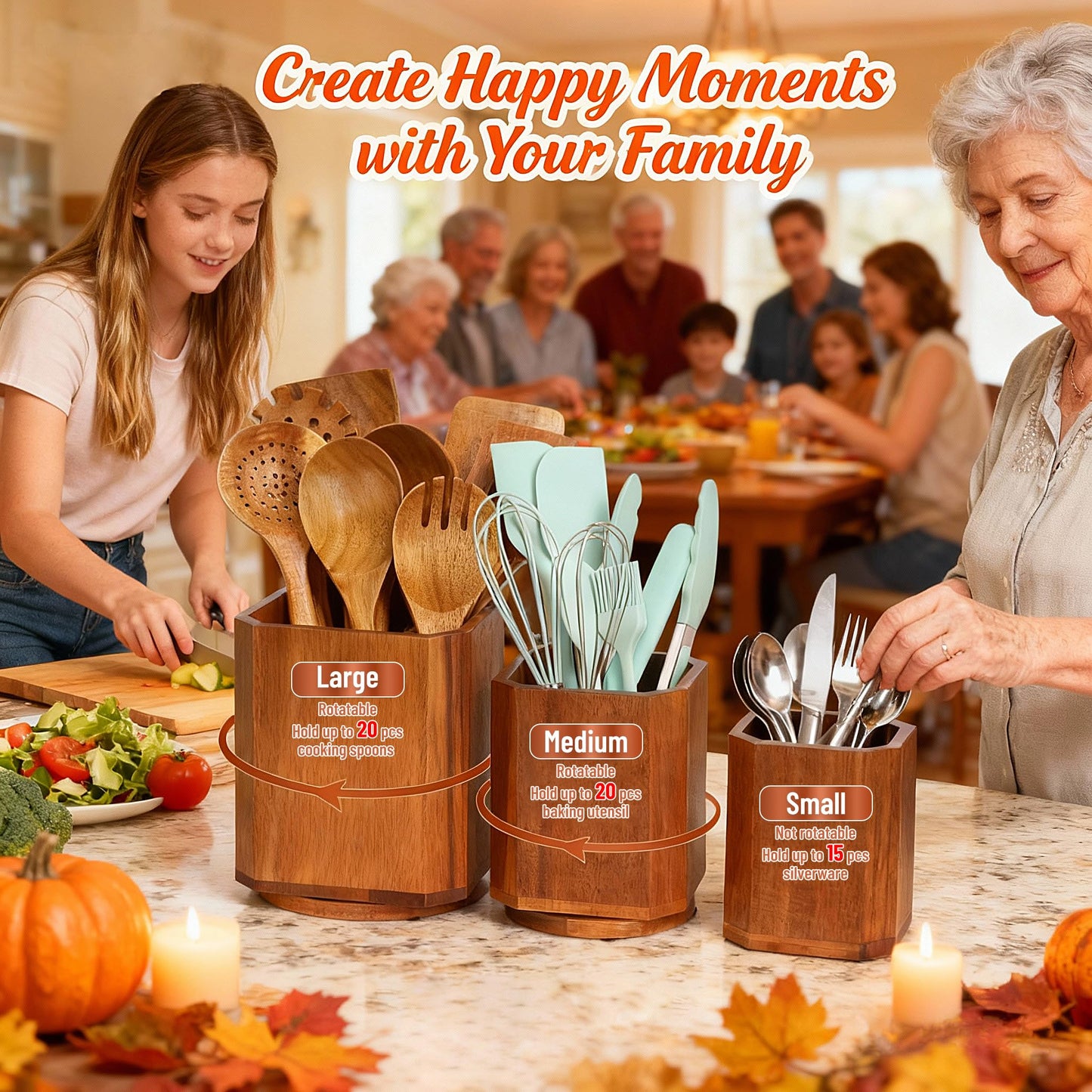 KINGSOW Wooden Utensil Holder Set: 3PCS Extra Large Acacia Wood Organizer with 360° Rotating Base for Kitchen Countertop - Farmhouse Storage Crock for Multi-Generation Family & Cooking Enthusiasts