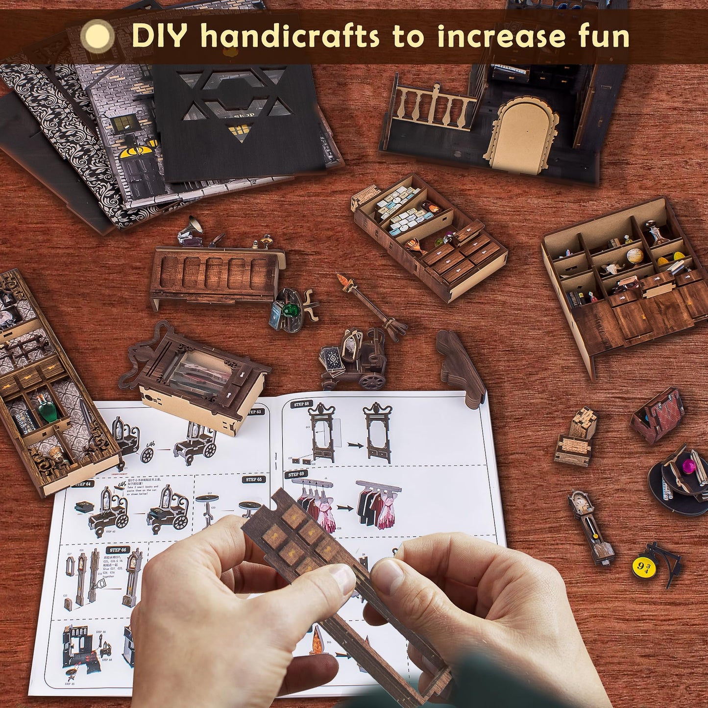 Wimlade DIY Book Nook Kit, Miniature Book Nook kit, Wooden 3D Puzzle Bookend Bookshelf Insert Decor, Halloween/Christmas Decorations/Gifts for Adults and Teens