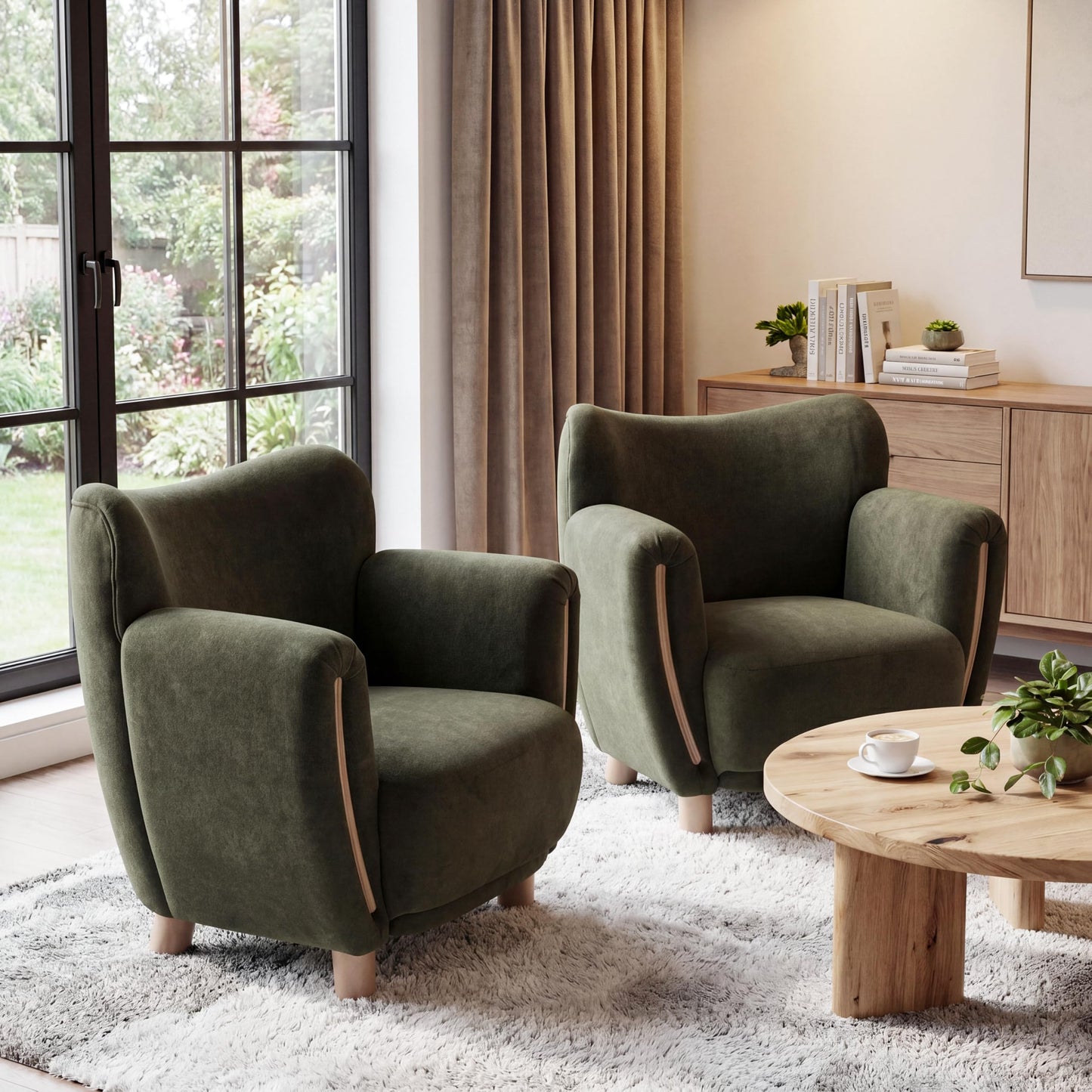 Christopher Knight Home Beba Low Profile Wingback Accent Chair Set of 2, Velvet Club Chair, Bedroom Comfy Reading Chair, Wooden Living Room Single Lounge Sofa, Olive Green