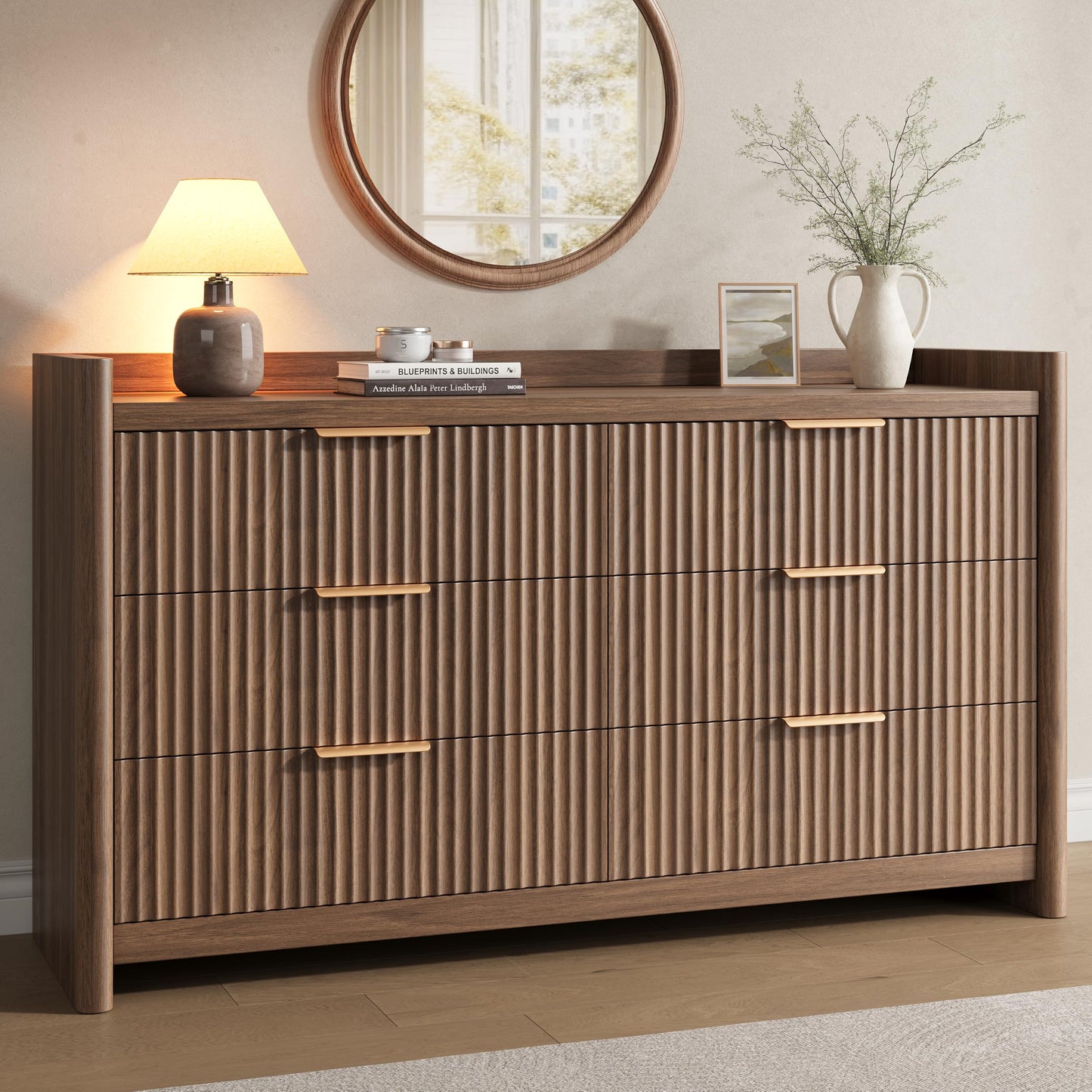 Decofy 6 Drawer Dresser for Bedroom, Fluted Dressers with Rounded Edge & Raised Lip Top, Anti-Tip Chest of Drawers for Living Room, Hallway, Entryway, Walnut