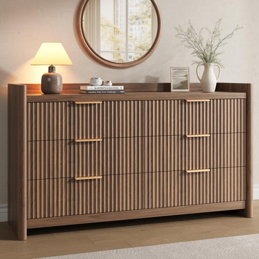 Decofy 6 Drawer Dresser for Bedroom, Fluted Dressers with Rounded Edge & Raised Lip Top, Anti-Tip Chest of Drawers for Living Room, Hallway, Entryway, Walnut