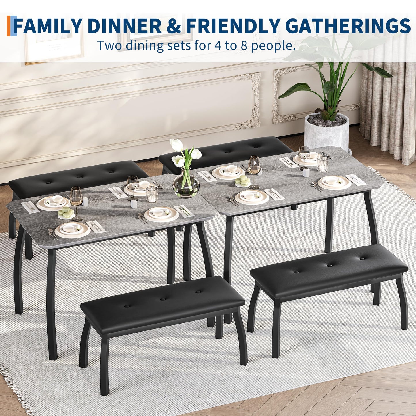 Garvee Dining Table for 4, 3-Piece Kitchen Table Set with Wooden Tabletop and Metal Frame, Industrial Retro Kitchen Table with 2 PU Leather Benches for Bar, Dining Room, Restaurant- Grey