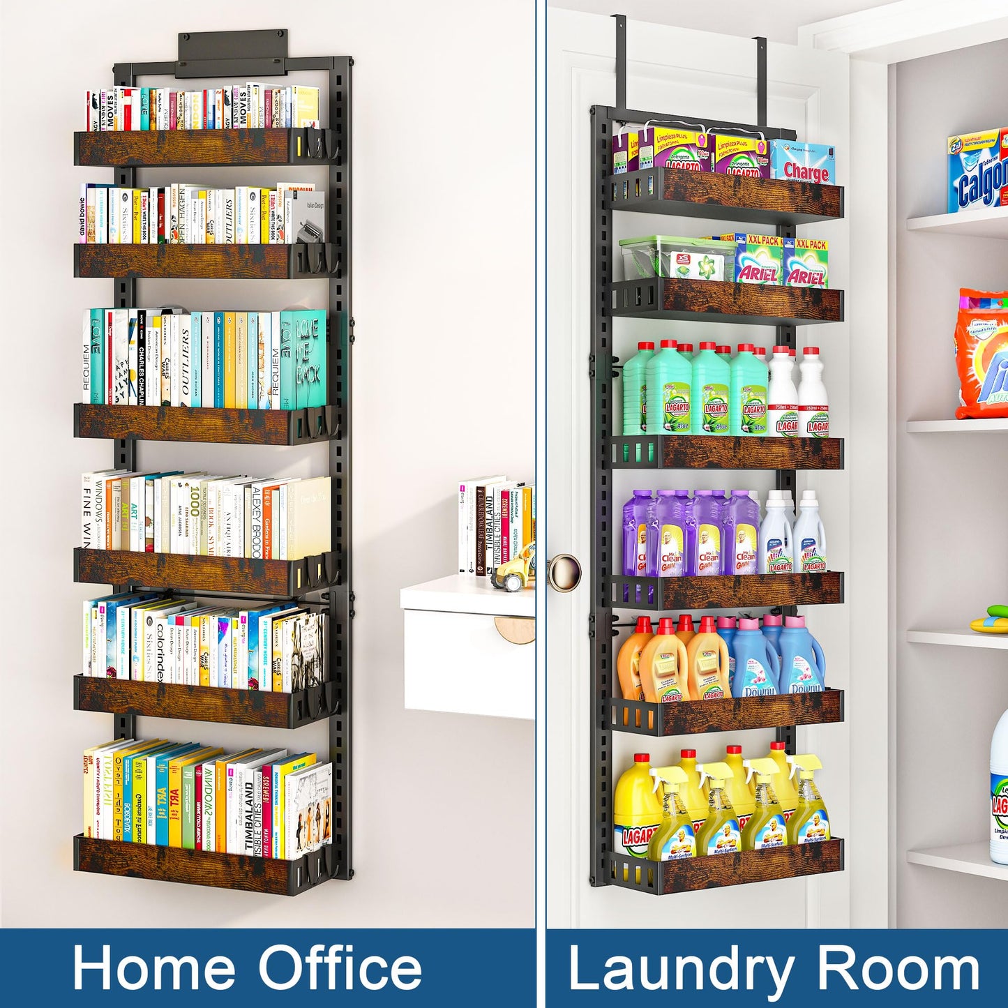 BUKFEN 6-Tier Over the Door Pantry Organizer, 2-in-1 Door Hanging or Wall Mounted Spice Rack with Adjustable Wooden Baskets, Heavy Duty Metal Storage Shelf, 12 Hooks for Kitchen, Bathroom, Closet
