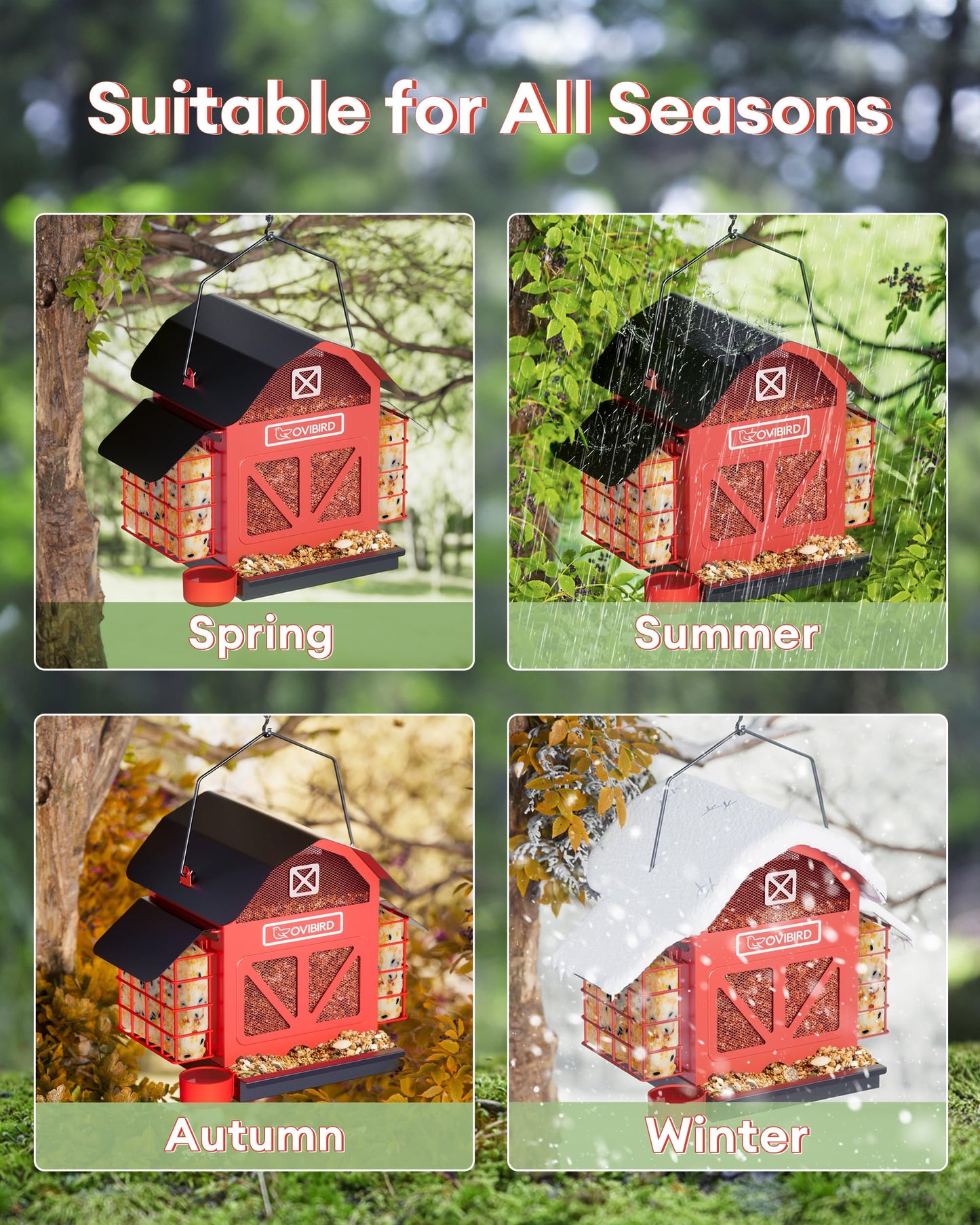 Bird Feeders for Outdoors Hanging, 5LBS Large Bird Feeder with 2 Suet Cage, Red Barn Metal Birds Feeder for Outside, Weather Resistant Cardinal Feeders, ldeal Birds Watching Gifts (Red)