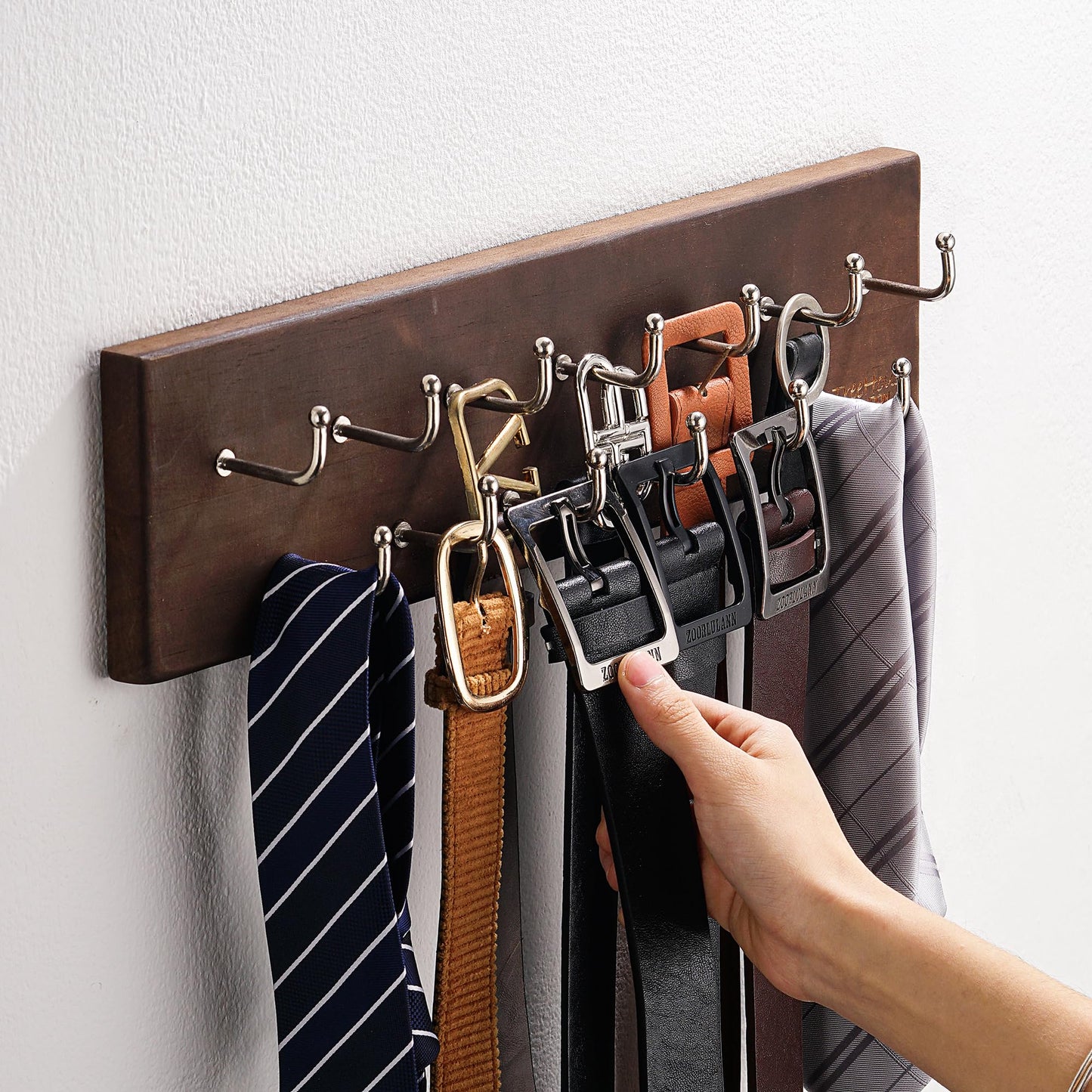 Treehouse Belt Organizer Rack, Holds Over 28 Large Belts, Sturdy Metal & Sturdy Wood Storage Holder for Closet, Versatile, Wall Mounted Belt & Tie Display Hanger for Bedroom - (Walnut) 4.25''Hx16''L