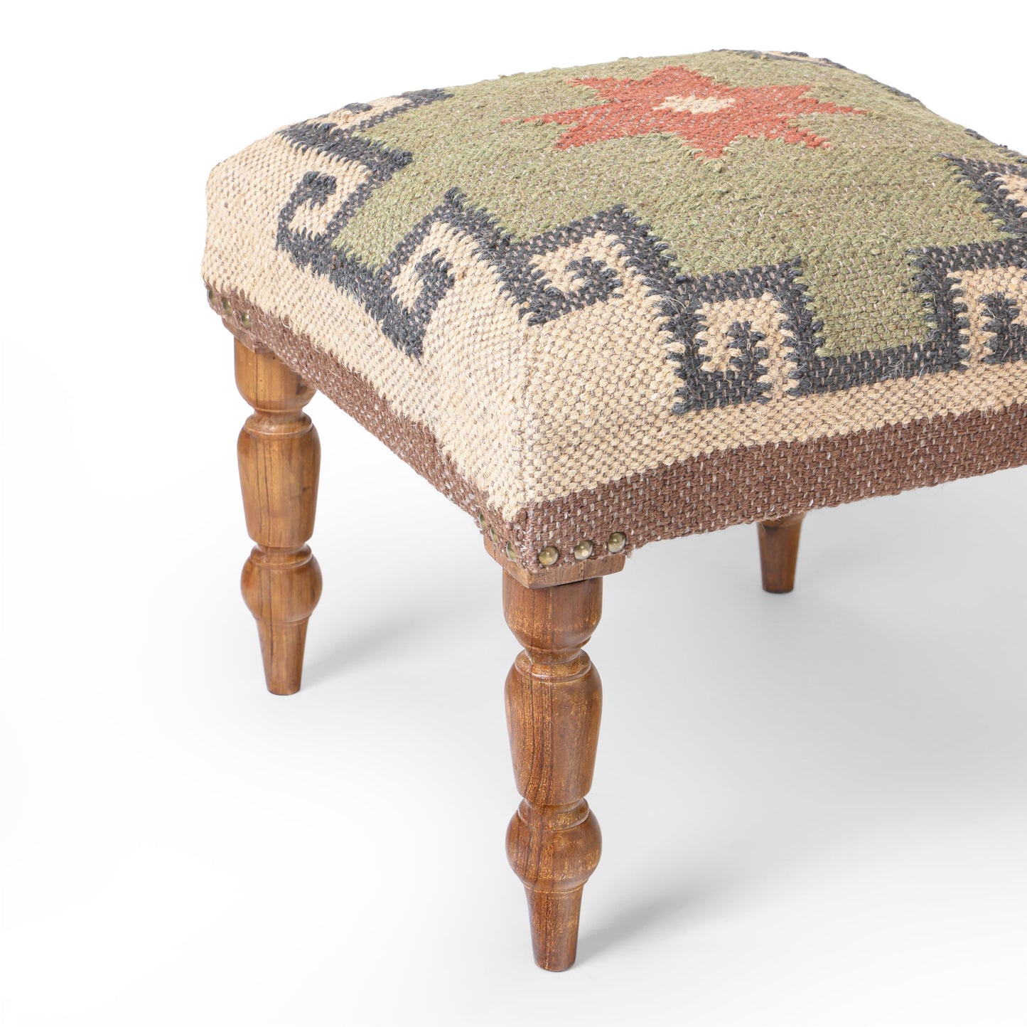 NATURAL FURNISH Solid Wood Upholstered Footstool | Handmade Southwestern Pattern Ottoman with Turned Wooden KD Legs | Decorative Accent Stool for Living Room, Entryway & End of Bed (Gray and Tan)