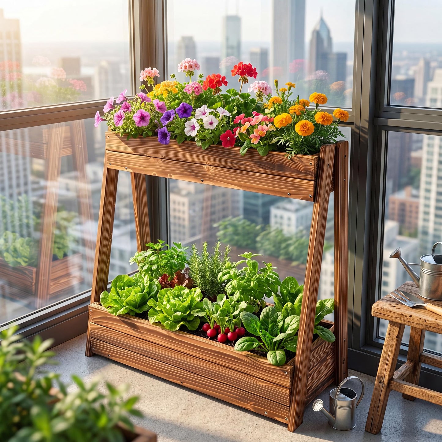 Ultym 2-Tier Elevated Raised Garden Bed, 36" H Fir Wood Planter Box with 23" Large Growing Space, Drainage Holes & Non-Woven Liner, Outdoor Flower Bed & Herb Garden Planter for Patio Balcony Backyard