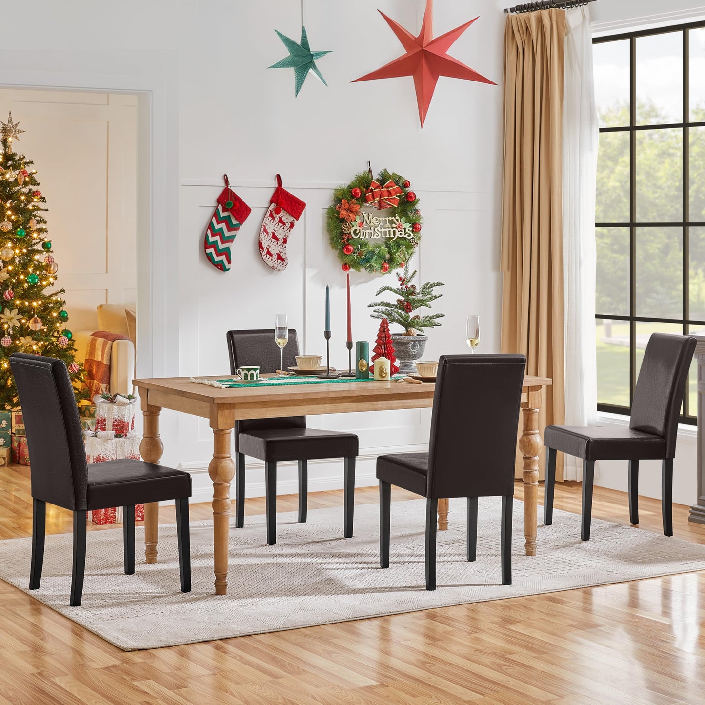 Yaheetech Dining Chairs Set of 4 PU Leather Dining Room Chairs with Waterproof Surface and Wood Legs for Kitchen Restaurant and Living Room, Dark Brown