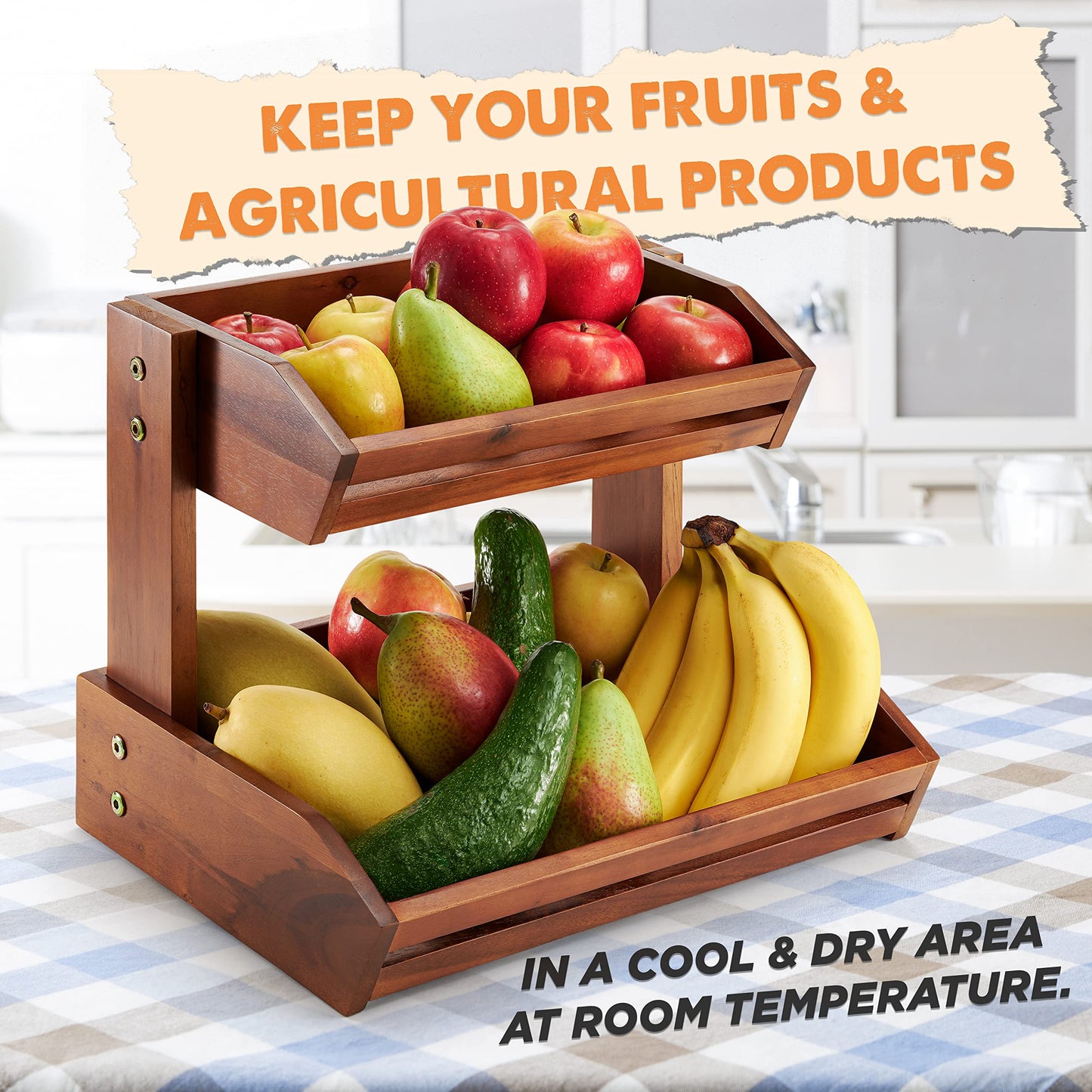 HOLANA Acacia 2 Tier Fruit Basket for Kitchen Counter Organizer – Wooden Fruit Bowl & Wooden Basket for Kitchen Counter Storage, Vegetable & Produce Storage, Snack Organizer for Countertop (Acacia)