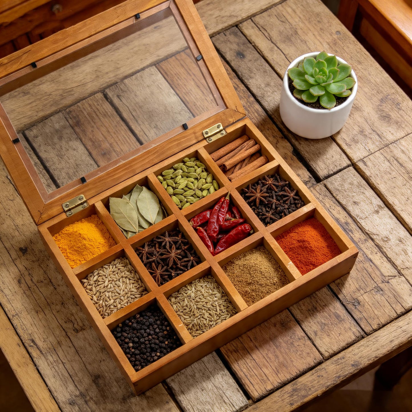 Hunmor Wooden Spice Box 10x7.5 Inch, Indian Spice Box, Masala Dabba Spice Box for Kitchen,Decorative Indian Organizer with Lid,12 Compartments Spice Storage Container,Ideal for Seasonings & Herbs