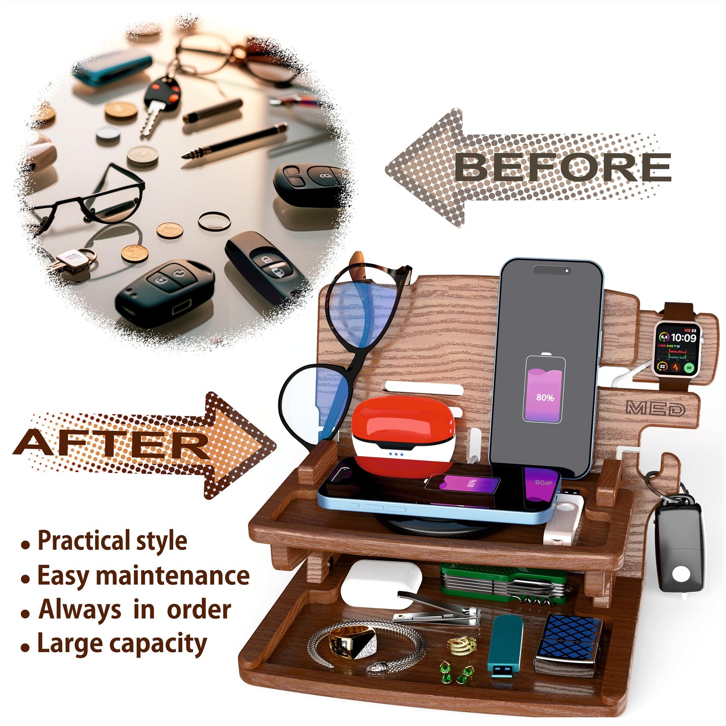 MED Wood Phone Docking Station for Men – Nightstand Organizer & Charging Station for Multiple Devices – Birthday Gift for Husband Dad, Father's Day – Holds Phone, Watch, Wallet, Keys (Dark Walnut)