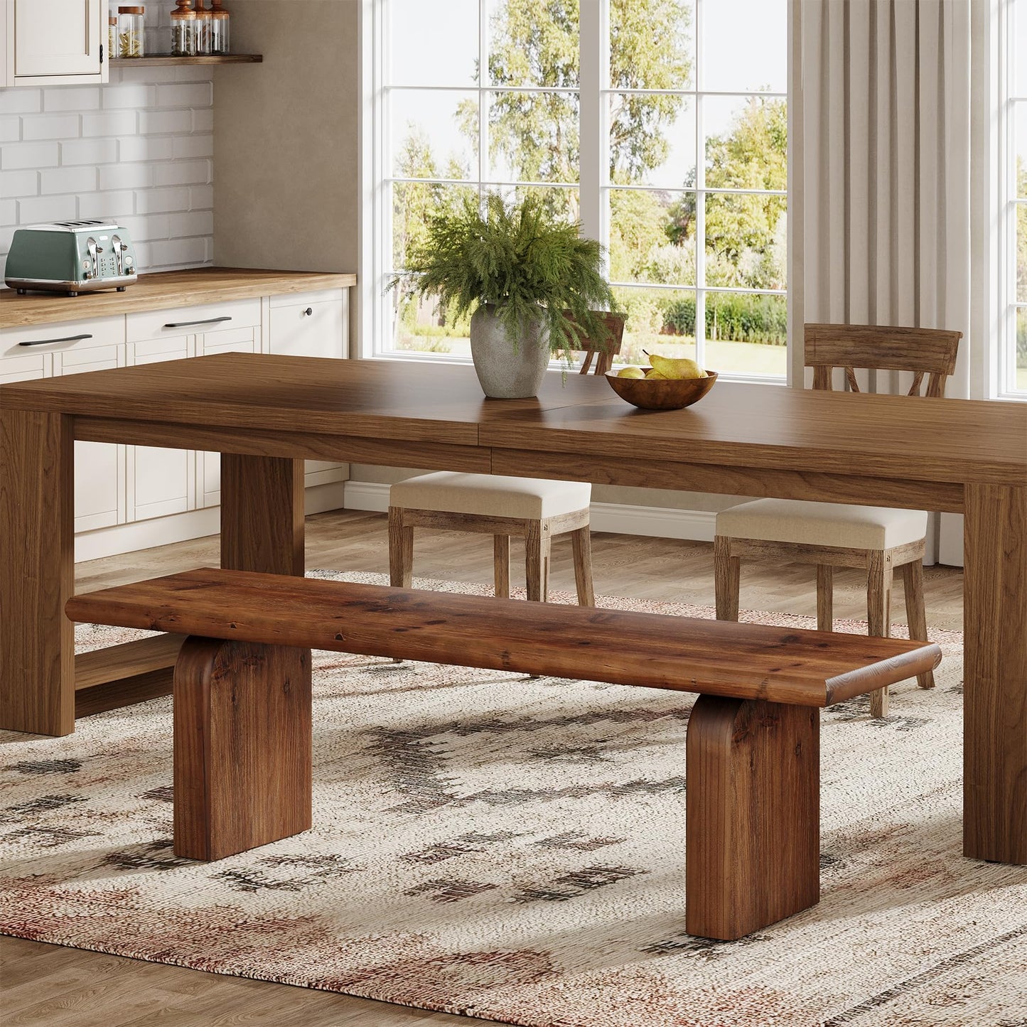 TRIBEWOOD 62.99-Inch Solid Wood Entryway Bench, Farmhouse Indoor Wooden End of Bed Bench for Entryway, Hallway, Bedroom, Dining Room, Living Room, Easy Assembly, Rustic Brown