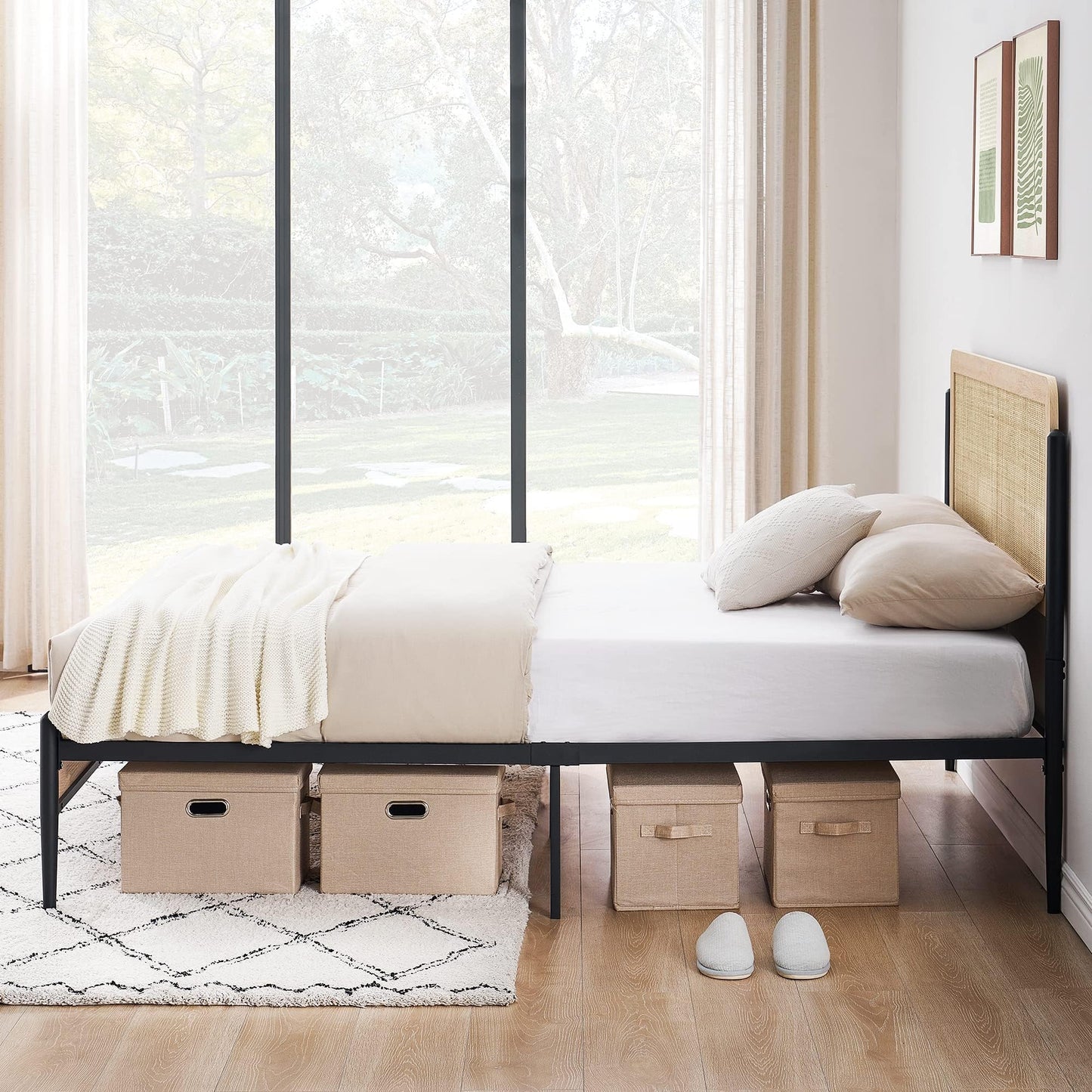 GAOMON Full Size Bed Frame with Natural Rattan Headboard and Wooden Footboard, Heavy Duty Metal Platform Bed Frame with Storage, Mattress Foundation Easy Assembly No Box Spring Needed, Rattan