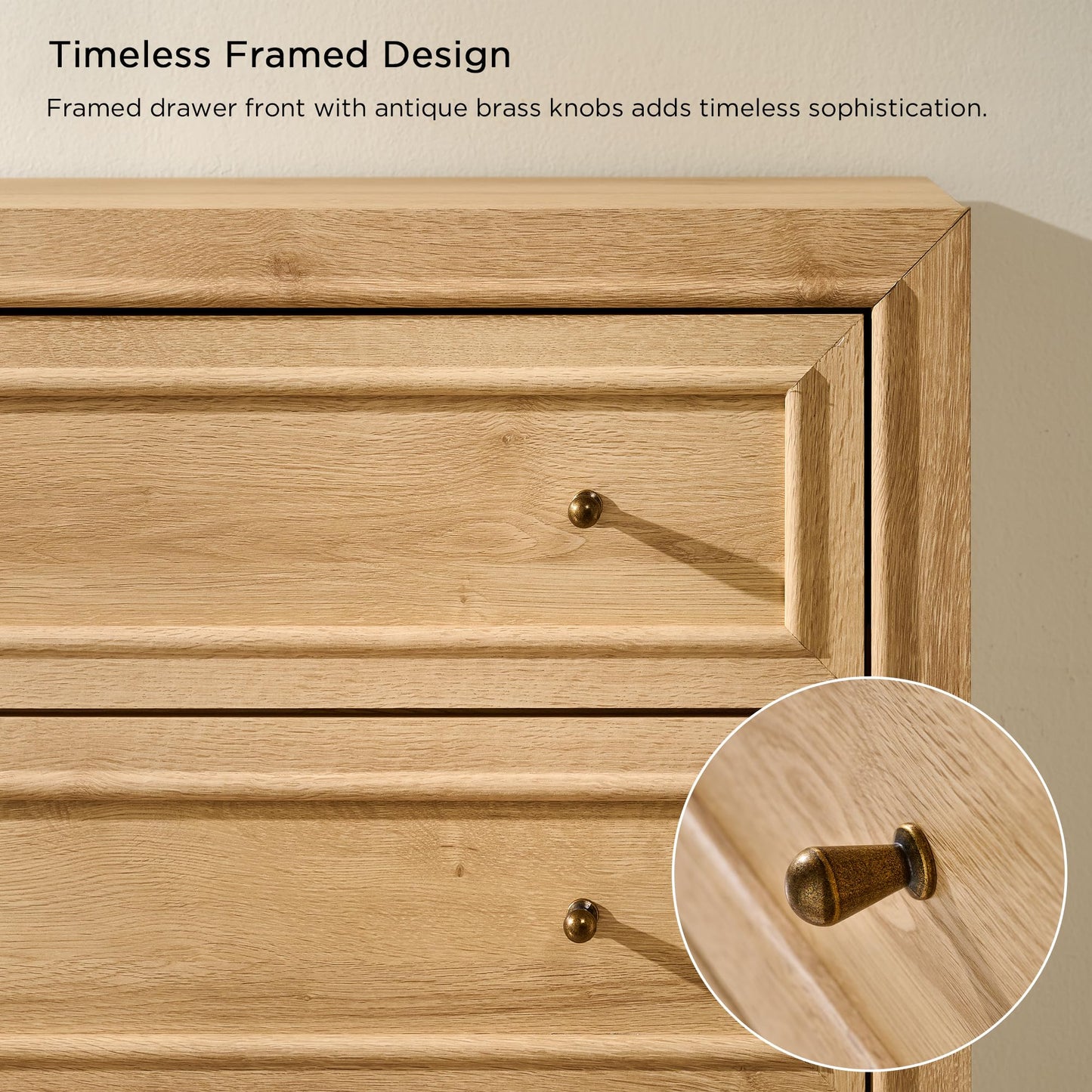 ACCOHOHO 5 Drawer Dresser with Two Included Base Styles, 46" Tall Chest of Drawers, Transitional Modern Closet Dresser with Antique Brass Knobs, Wooden Dresser for Bedroom, Living Room, Natural Oak
