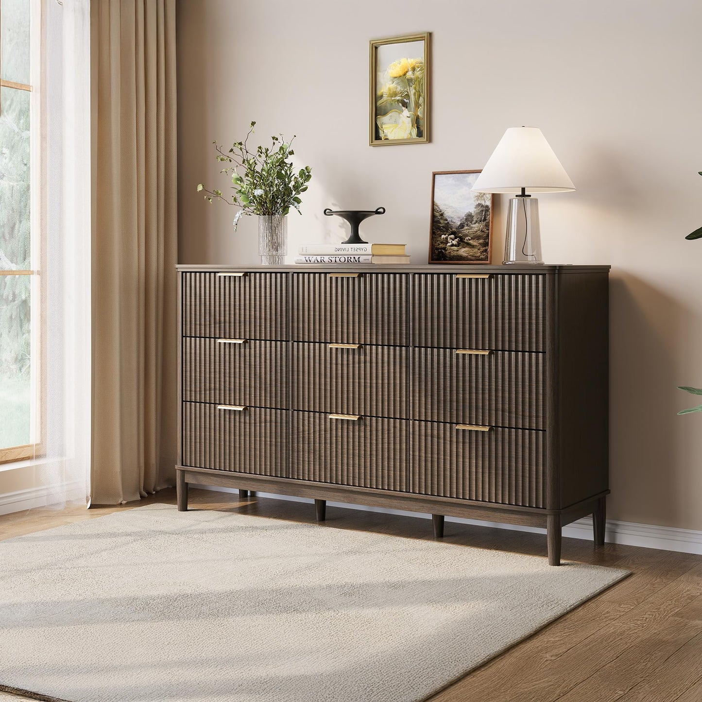 LINSY HOME Fluted Dresser for Bedroom with 9 Drawers, 58" Wide Mid Century Modern Dresser, Tall Boho Chest of Drawers, Large Wood Accent Storage Cabinet for Living Room, Curved Profile Design, Walnut