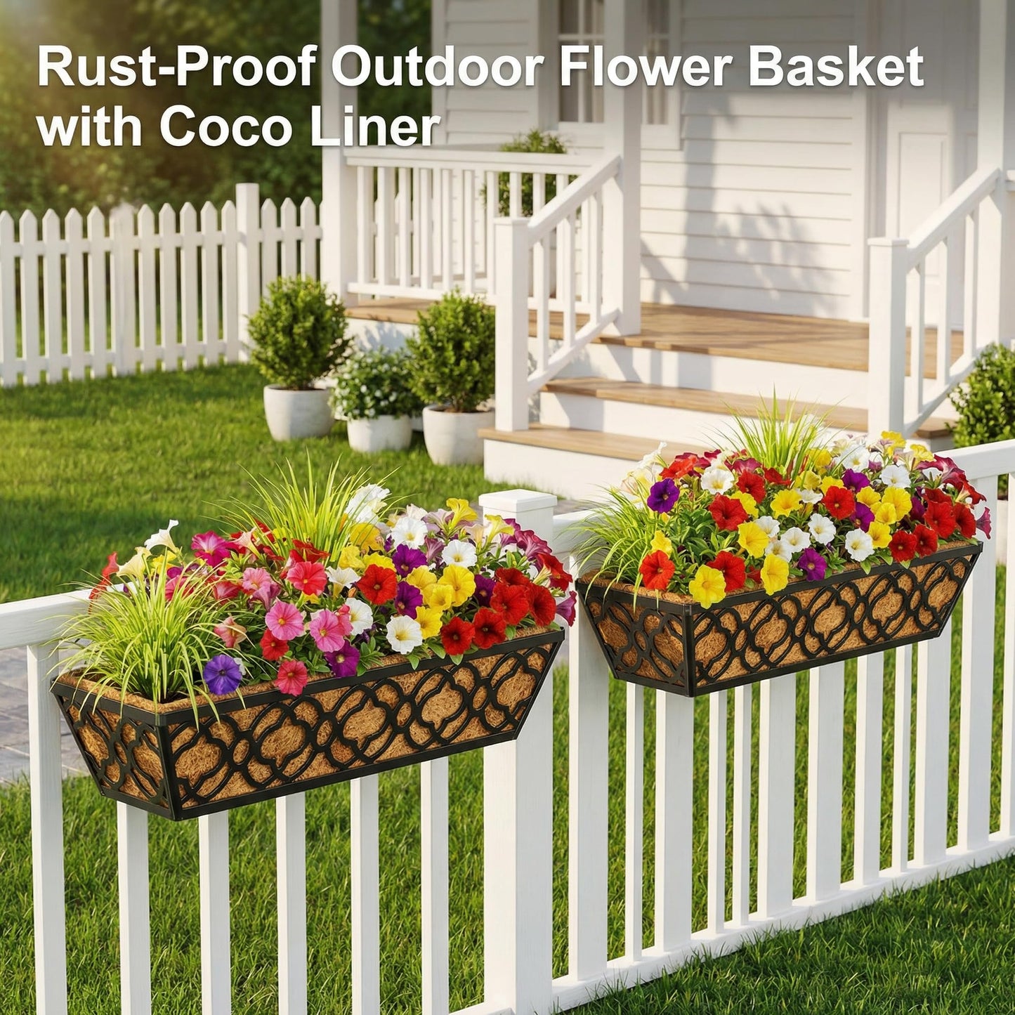 HFHOME 2 Pcs 30" Deck Railing Planter Box with Horse Trough Coco Liners, Black Window Box Metal Hanging Flower Planters Baskets for Indoor, Outdoor, Balcony, Porch, Fence, Patio, and Lawn