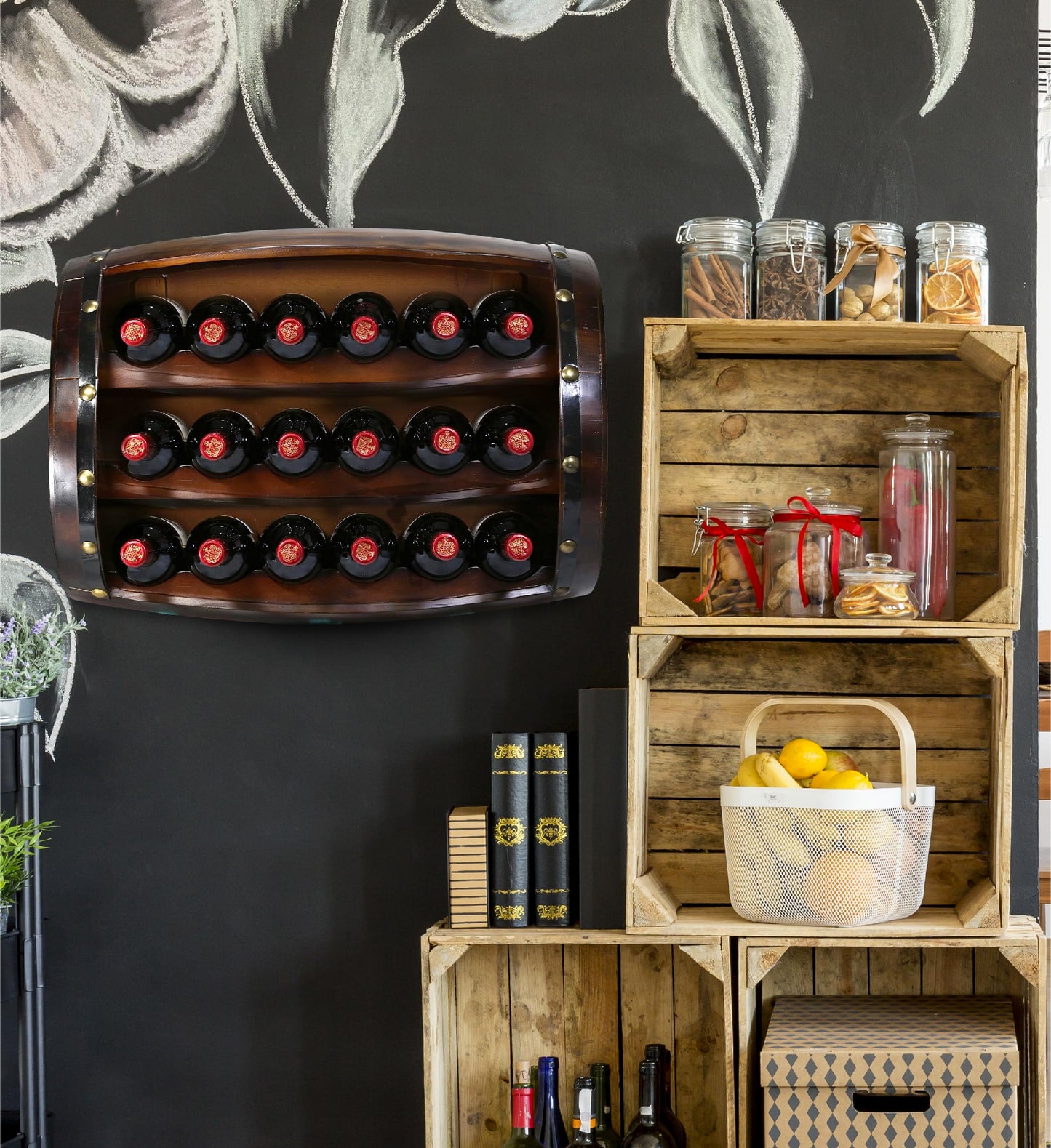 CoTa Global Napoleon Mounted Wall Wine Rack - 18 Wine Bottles Wooden Barrel Wine Rack, Hanging or Freestanding Floor Wine Holder, Liquor Bar Shelves, Rustic Wine Storage Shelf Organizer Home Decor