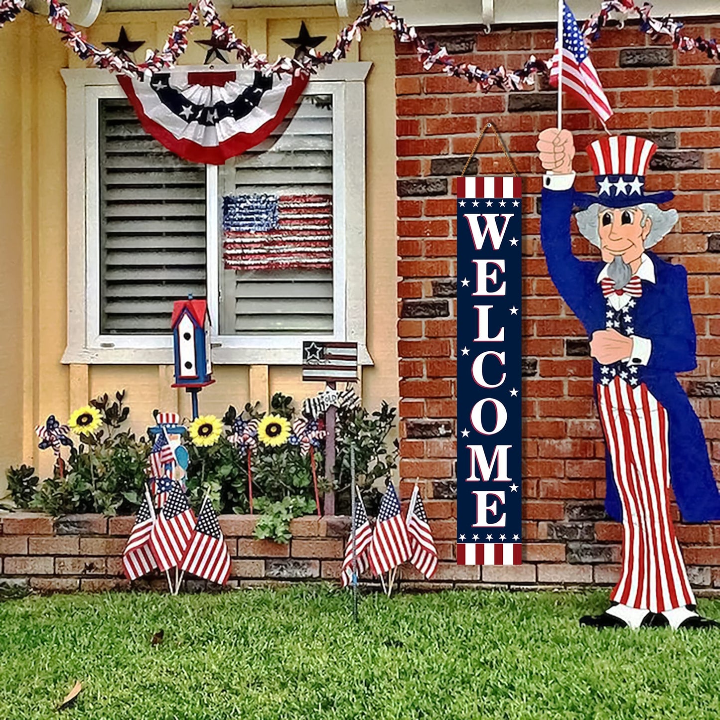 Patriotic 4th of July Wooden Porch Sign 47" Independence Day American Stars Stripes Large Wooden Welcome Sign for Memorial Day Sign Home Front Door Yard Party Decor