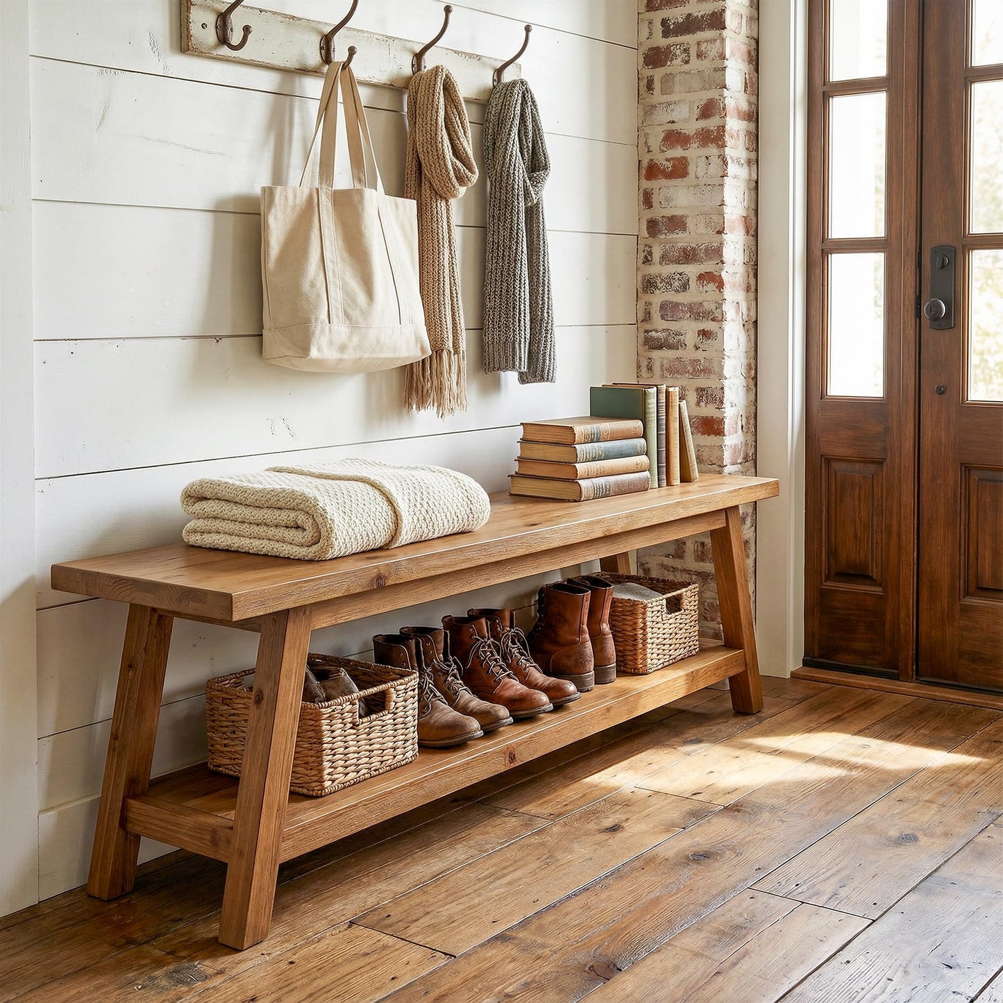 TRIBEWOOD Solid Wood Entryway Bench with Shoe Storage Shelf, 62.99" Long Rustic Hallway Shoe Bench, Natural Wood Mudroom Window Seating, 400 lbs Capacity
