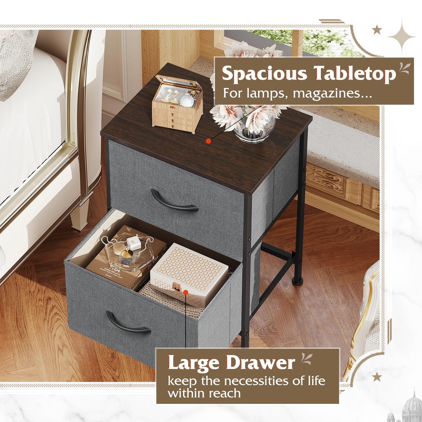 WLIVE 9-Drawer Dresser & Nightstand with 2 Fabric Drawers for Bedroom, Hallway, Entryway, Closet, Organizer Unit with Fabric Bins, Steel Frame, Wood Top, Easy Pull Handle, Dark Grey