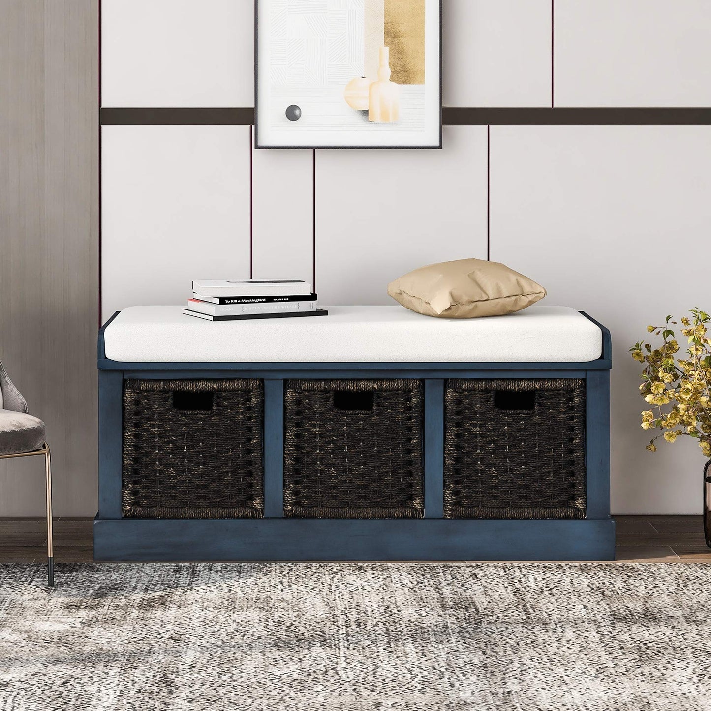 Ball & Cast 43.7" Wood Frame Entryway Storage Bench w/ 3 Movable Rattan Panel Drawers&Cushion, Rustic Shoe Rack Bedroom End of Bed Bench with Upholstered Seat, No Assembled Needed, Antique Navy