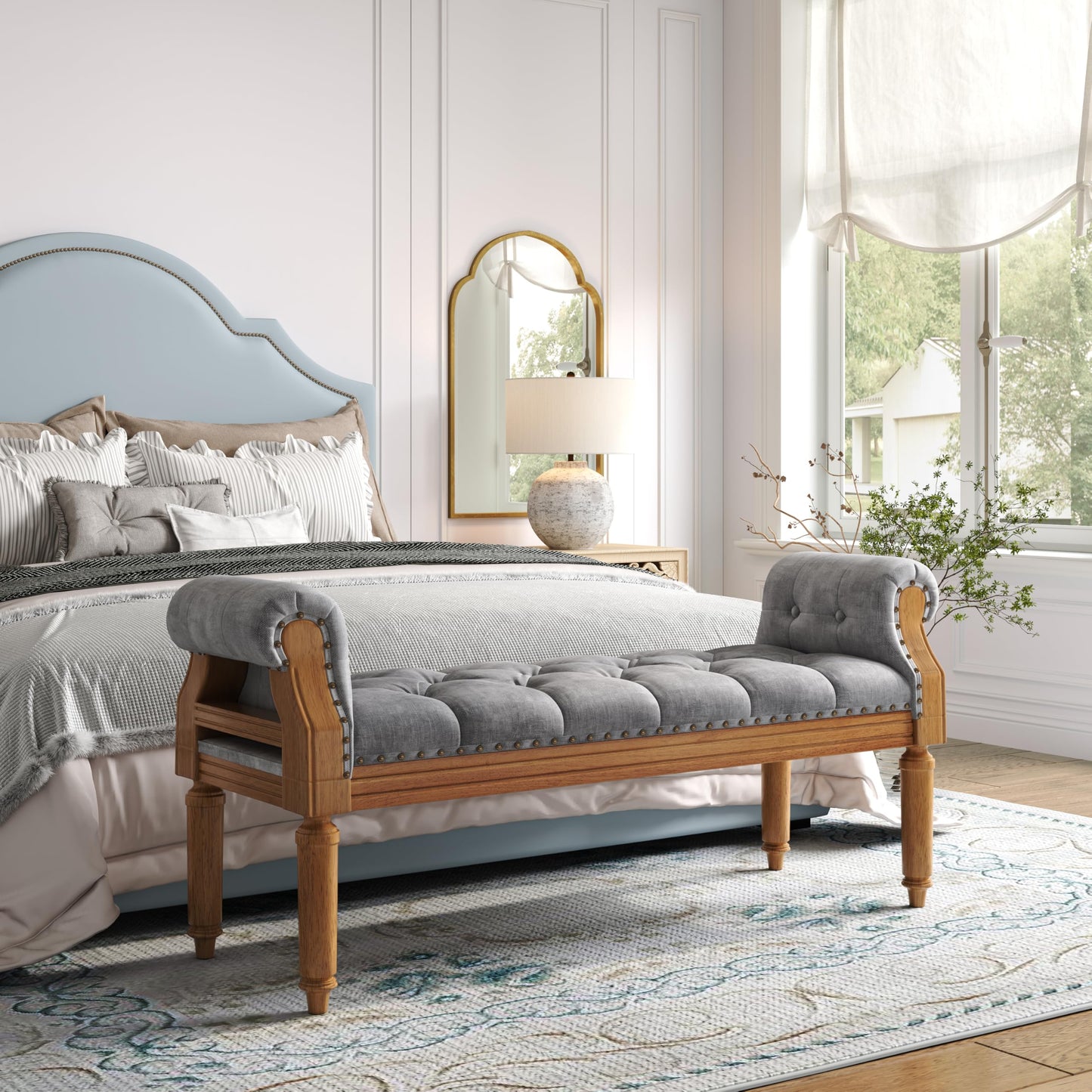 Christopher Knight Home Yordle Button-Tufted Linen Upholstered End of Bed Ottoman, Wooden Living Room Ottoman Bench with Nailhead Trim, Long Entryway Bench with Rolled Arms, Gray + Brown