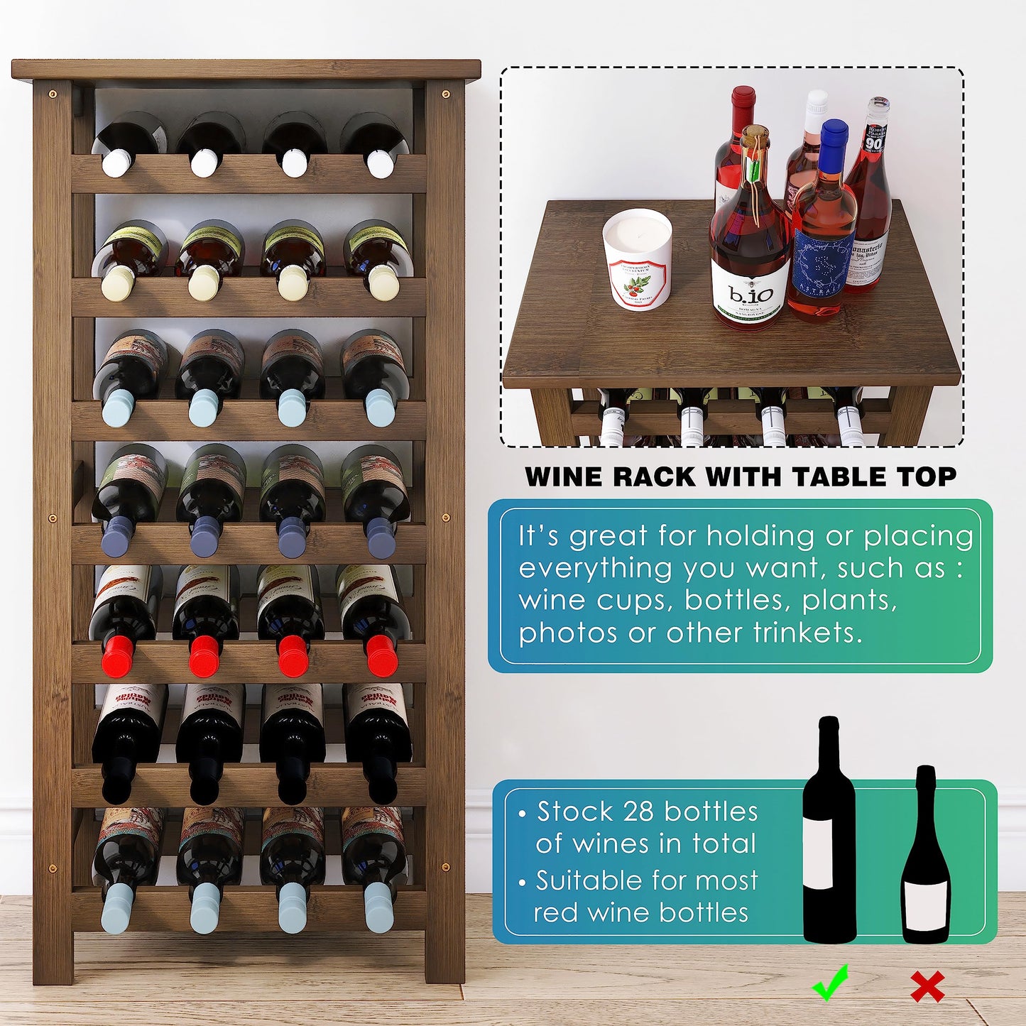 SMIBUY Bamboo Wine Rack, 28 Bottles Display Holder with Table Top, 7-Tier Free Standing Storage Shelves for Kitchen, Pantry, Cellar, Bar (Walnut)