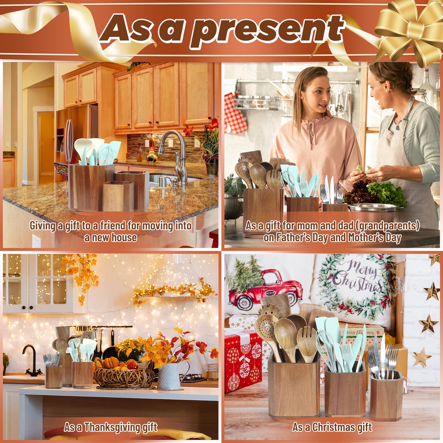 KINGSOW Wooden Utensil Holder Set: 3PCS Extra Large Acacia Wood Organizer with 360° Rotating Base for Kitchen Countertop - Farmhouse Storage Crock for Multi-Generation Family & Cooking Enthusiasts