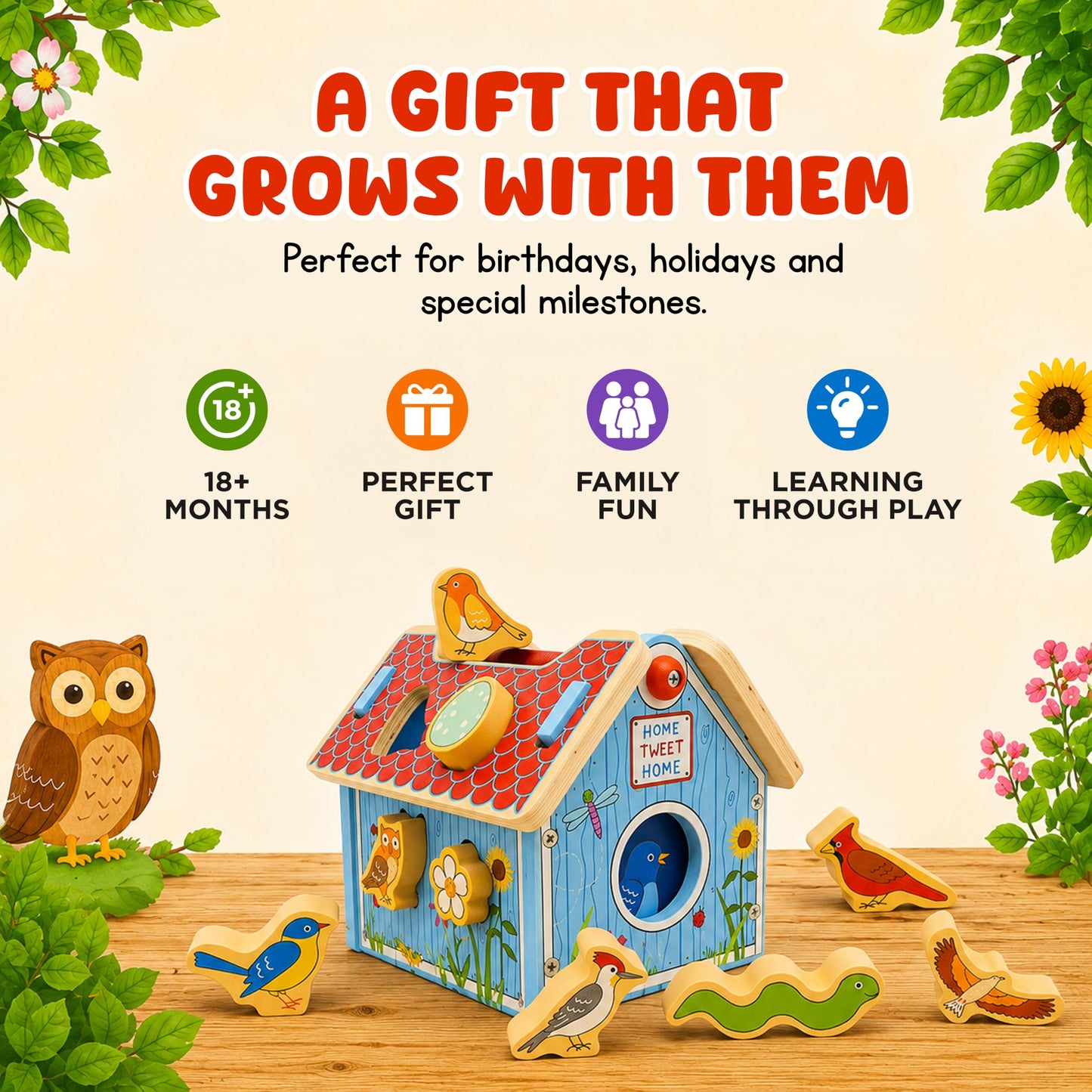 Jack Rabbit Creations Wooden Bird House Shape Sorter – Built-in Handle, Removable Roof – Non-Toxic, Certified Wood – Fine Motor Toddler Toy, Birthday Gift, Ages 18+ Months