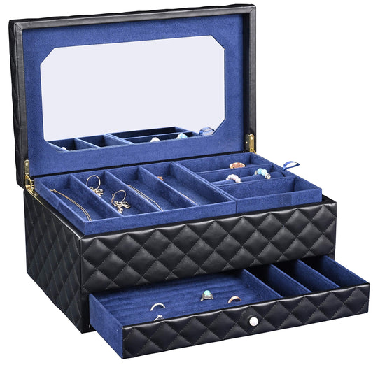 SANSREPONSE Wooden Extra Large Jewelry Box Organizer Luxurious Faux-Leather with Drawer Trays Mirror Earrings Necklace Ring Rests for Women(Black)
