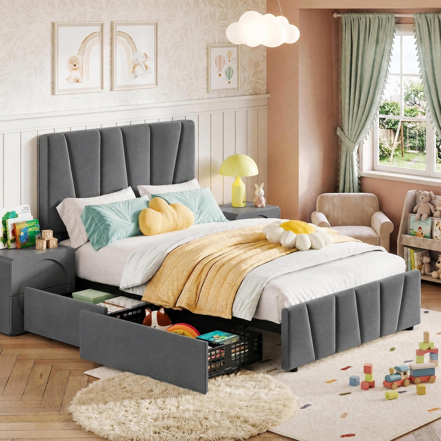 Garvee Bed Frame with Adjustable Headboard & Storage Drawers with Wheels, Upholstered Platform Bed, Wooden Slat Support, No Box Spring Needed, Noise-Free
