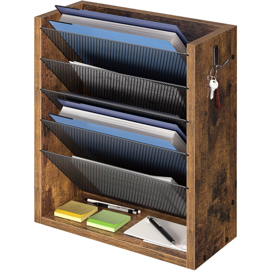 Creso hom Mail Organizer Wall Mounted, 6-Tier Wall File Organizer with 2 Hooks, Wooden Desk Organizer Magazine Holder with Bottom Flat Tray, for Office Home, Rustic Brown