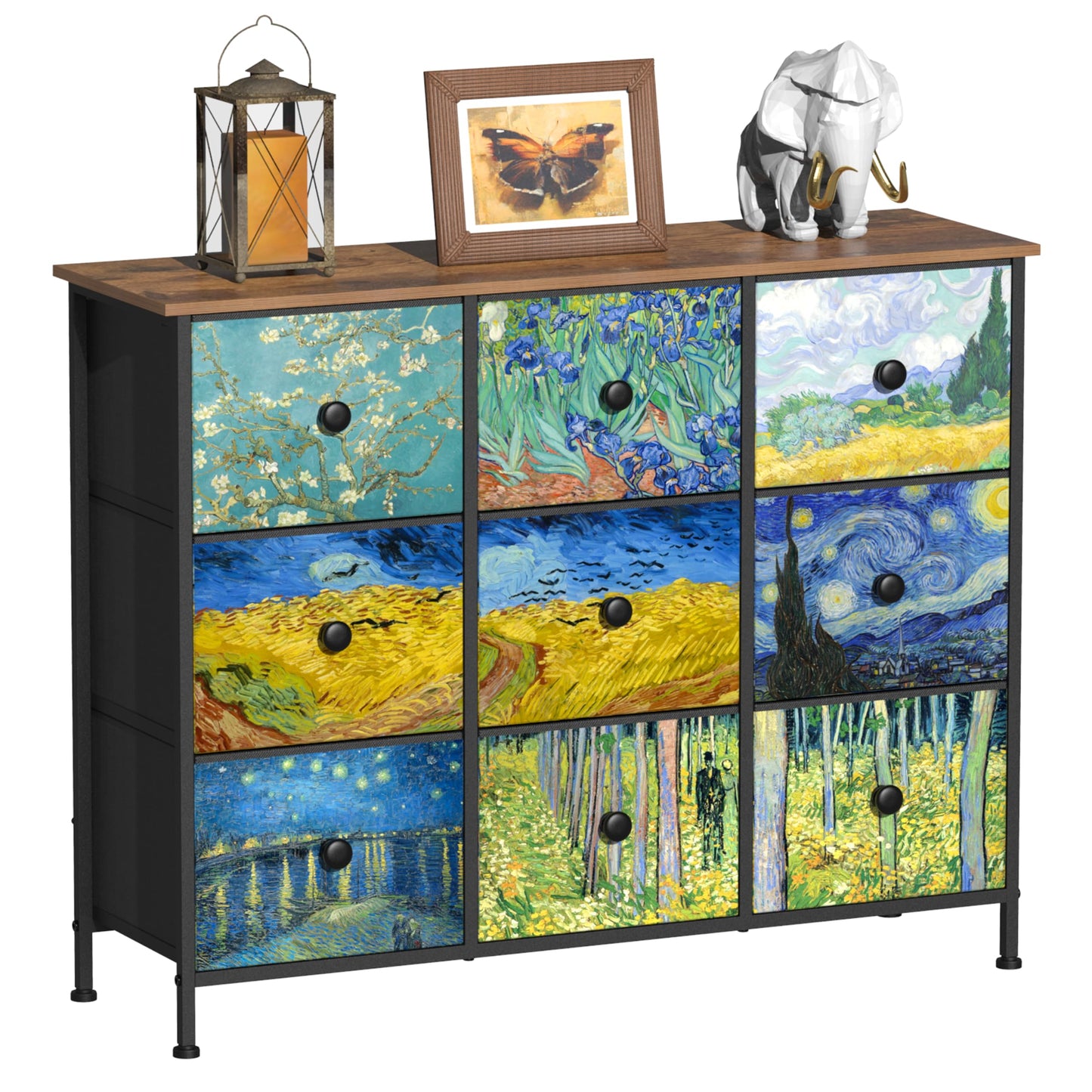 EXOTICA Van Gogh 9 Drawers Dresser Wide TV Stand Colorful Dressers & Chest of Drawers Enterway Furniture for Bedroom Living Room Hallway Closets Steel Frame Wood Top