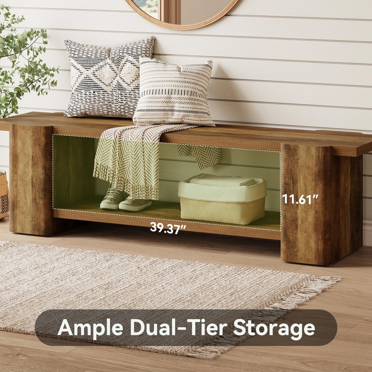 LITTLE TREE Wood Entryway Bench, 63" End of Bed Bench with Storage Shelf, Farmhouse Extra Long Shoe Bench for Entryway, Dining Room, Hallway, Living Room, Bedroom, Double-Reinforced Legs, Brown