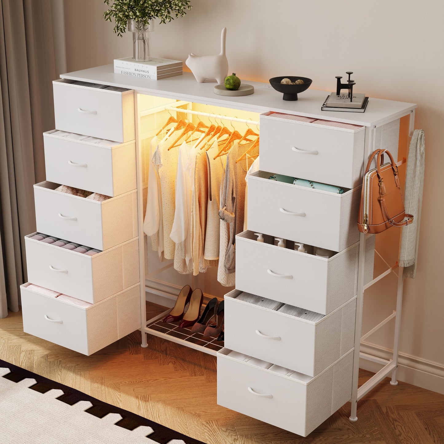 LUMTOK 55" W 2-in-1 Dresser with Hanging Rack, 10 Drawers Dresser for Bedroom, White Drawer Dressers with LED Lights, Charging Station and Hanging Racks for Bedroom