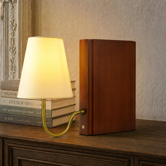 AELS Wooden Bookshelf Lamp with Bulb, 3-Color Touch Control Dimmable Table Lamp with Linen Shade, Modern Decorative Bookend Lamp for Bedroom, Office & Bookshelf Decor, Dark Brown