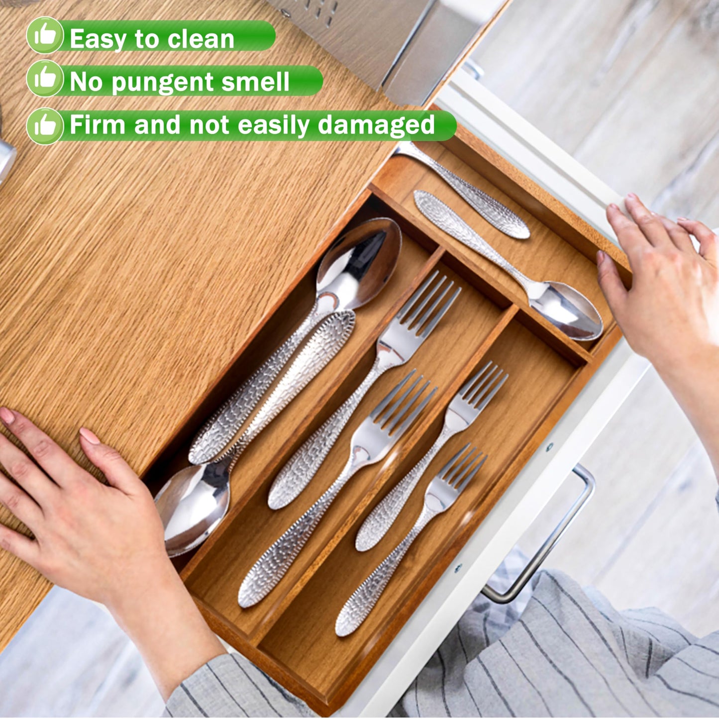 Greenual Acacia Wood Silverware Organizer 10 In Utensil Organizer Silverware Tray for Drawer Cutlery Flatware Organizer for Kitchen