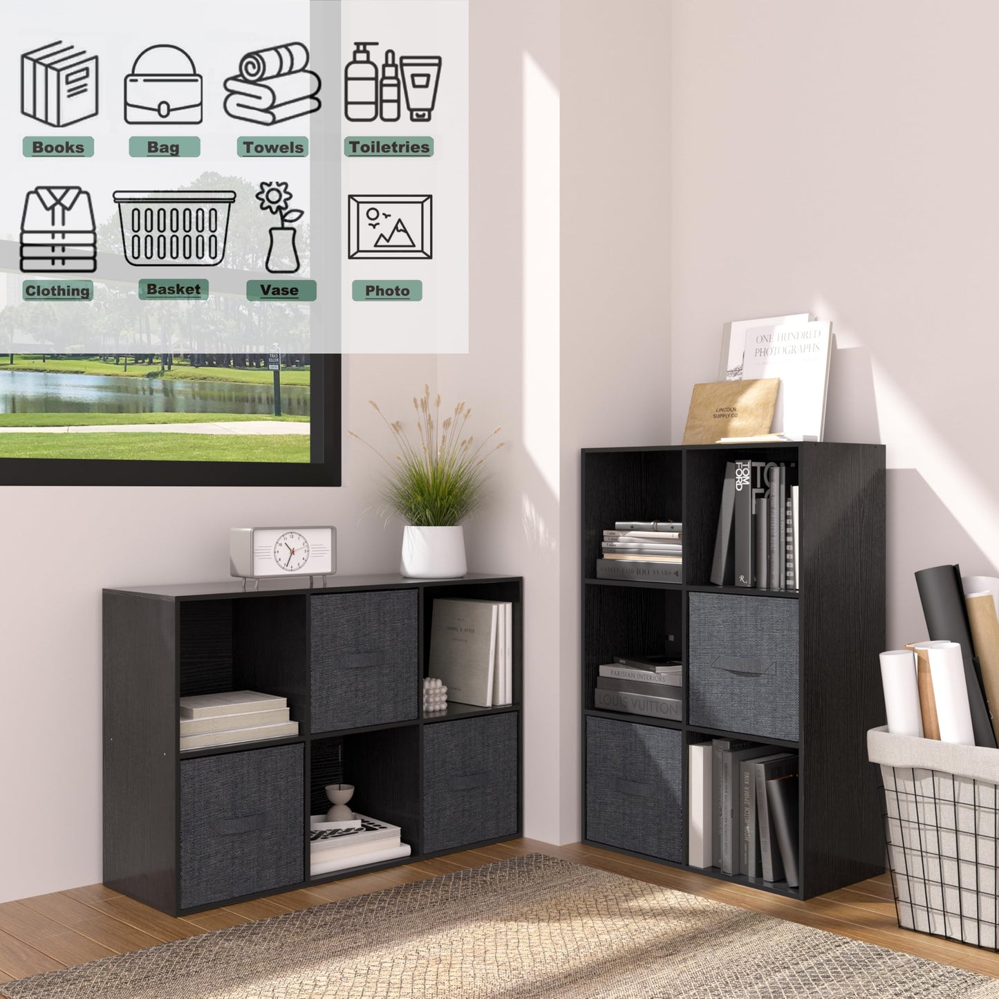 VAFHYLLIS 6 Cube Bookshelf with Closed Back Panel, 13.5-inch Wooden Cubby Shelves Heavy Duty - Bookcase for Living Room, Home, Office (Black)