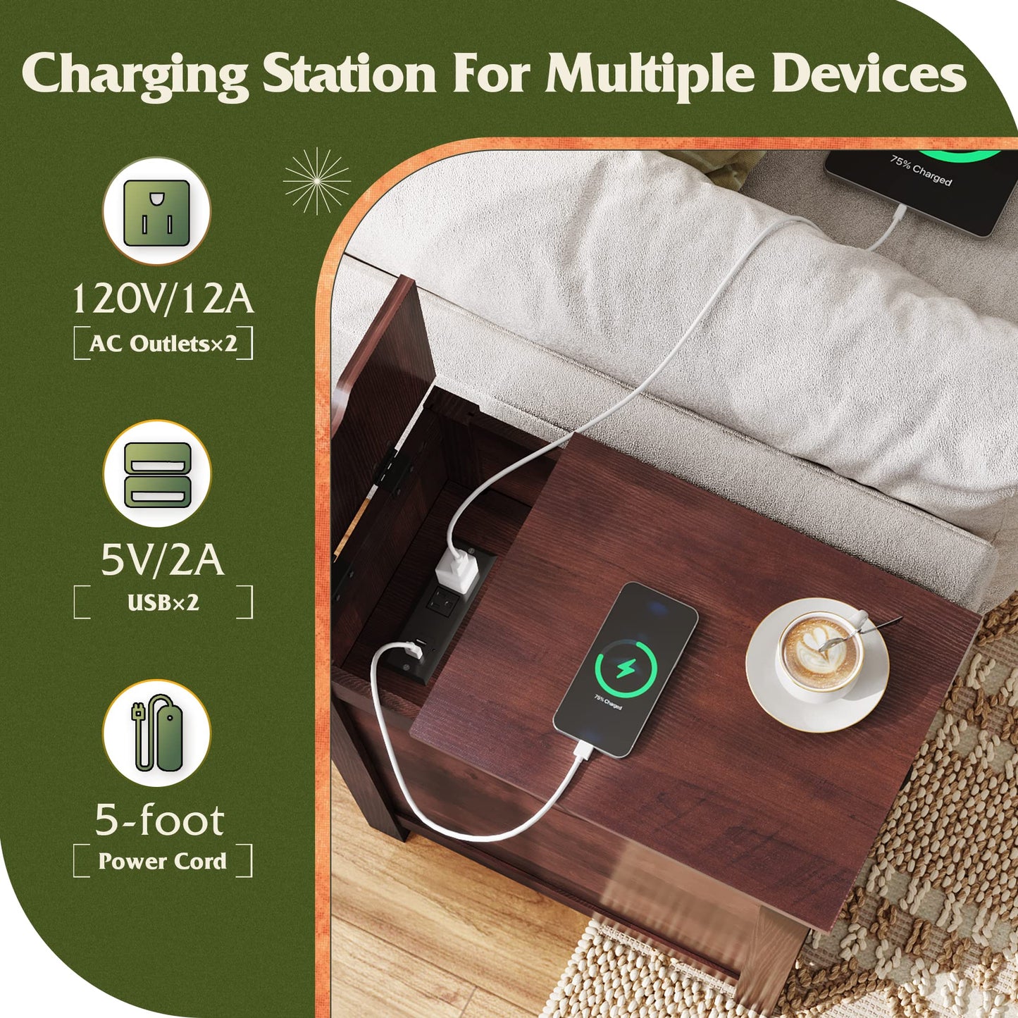 WLIVE End Table with Charging Station, Narrow Side Table for Living Room, Farmhouse Night Stand with Storage, Small Wooden Nightstand with USB Ports and Outlets for Living Room and Bedroom, Espresso
