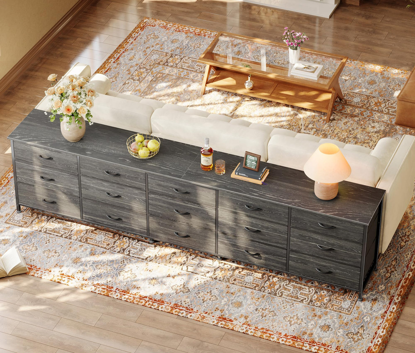 Huuger 86.6 Inch Dresser for Bedroom, TV Stand for 65, 75, 85 Inch TV, 15 Fabric Drawer Long Dresser, Large Entertainment Center for Bedroom, Wide Chest of Drawer with Storage, Charcoal Black