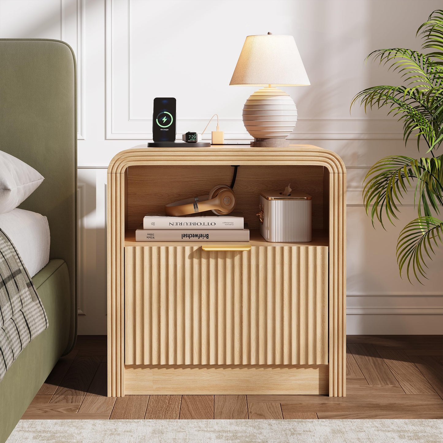 Decofy Fluted Nightstand with Charging Station, 23'' Wide Beside Table with Drawers & Open Shelf, Mordern Large Night Stand with Curved Corners, Wood End Table for Bedroom, Oak