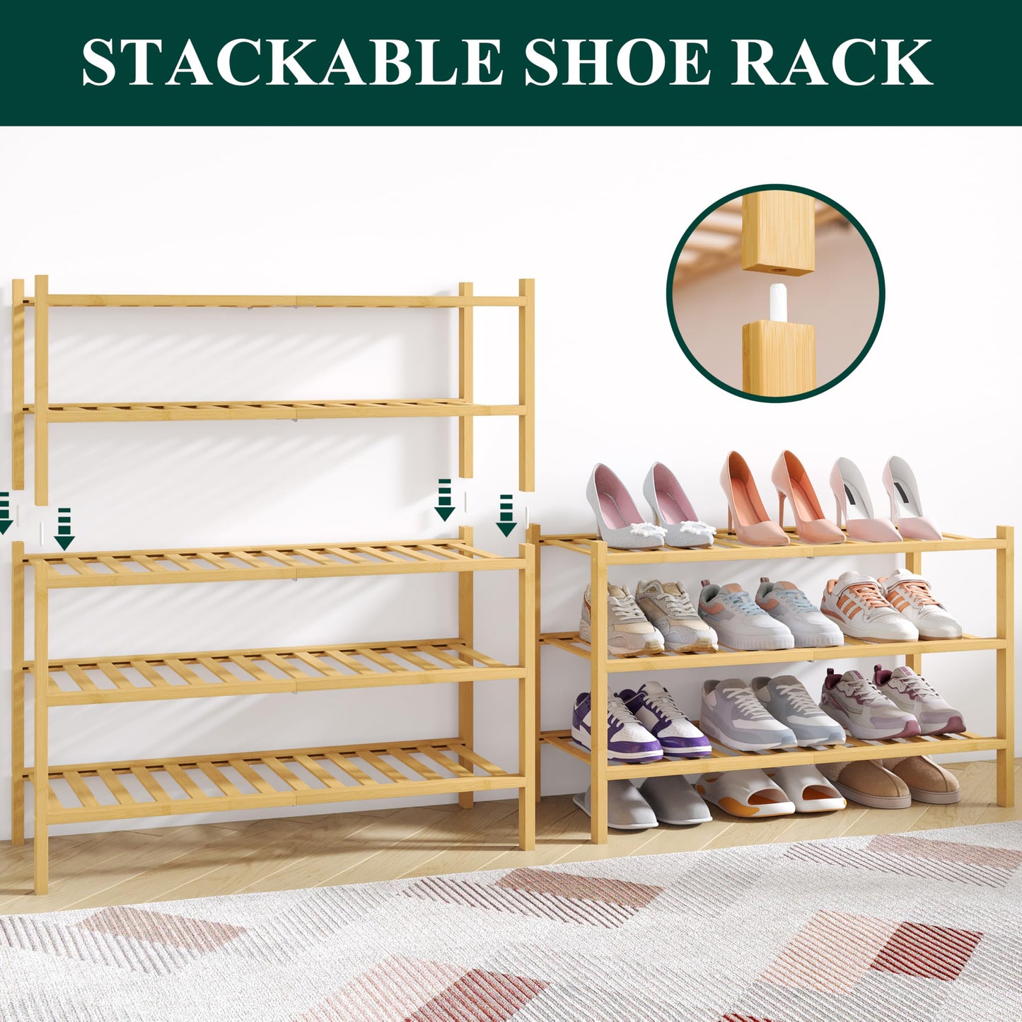Smiry Bamboo Shoe Rack for Closet, 3 Tier Wooden Shoe Organizer, Stackable Wood Shoe Storage Shelf for Entryway, 14 Vertical Slats, One-piece Heavy-Duty Legs, 26.77"x11.02"x18.31", Natural
