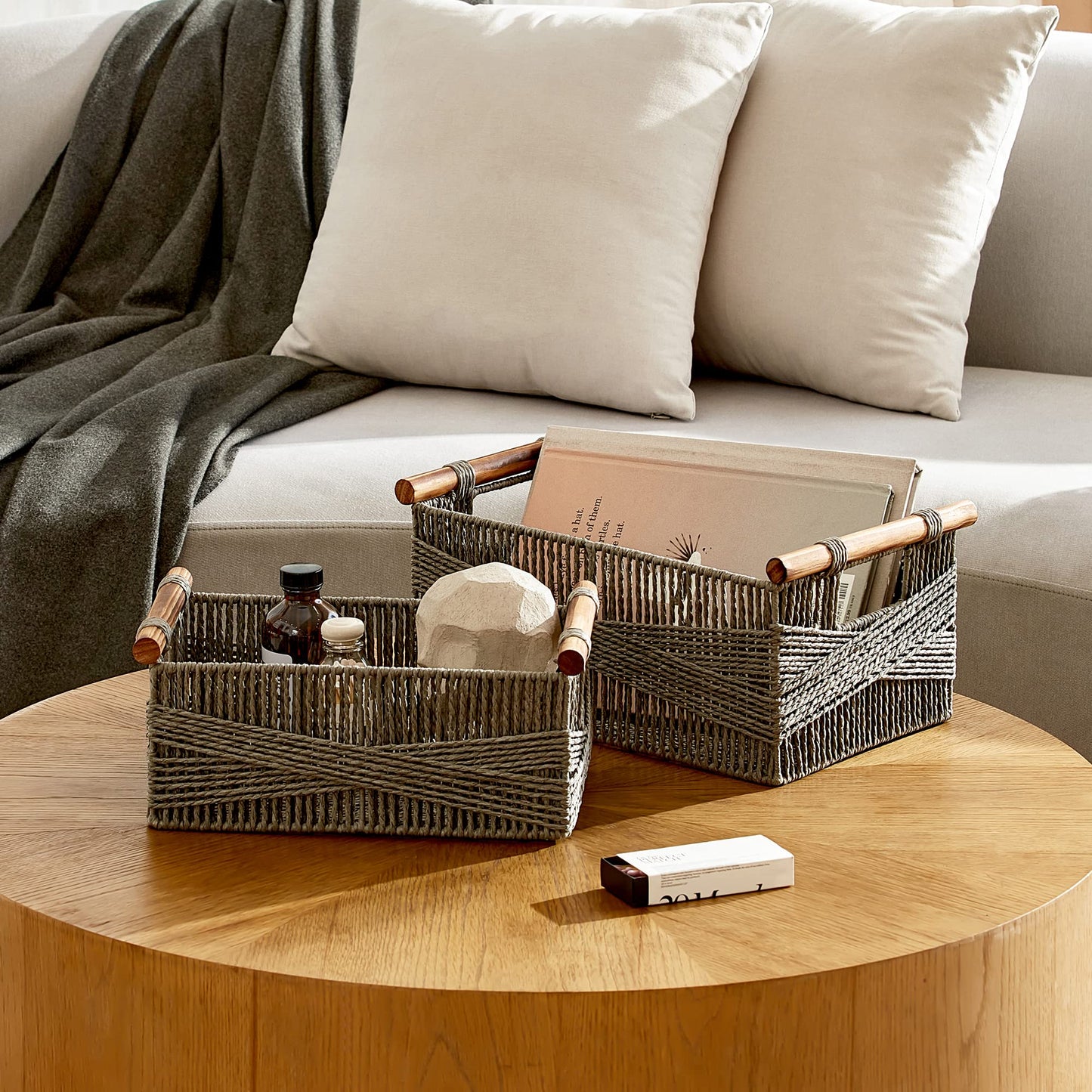 LA JOLIE MUSE Wicker Storage Baskets for Organizing, Recyclable Paper Rope Basket with Wood Handles, Decorative Hand Woven Basket Organizers for Makeup Books Shelves Living Room, Grey, Set of 2